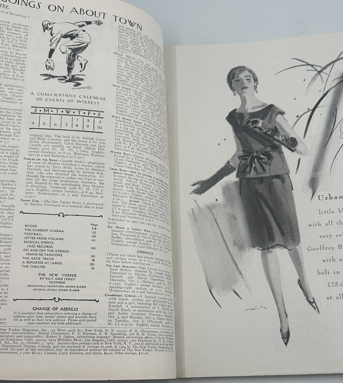 The New Yorker Magazine October 3, 1964 Airport Motorcycle Escort Arthur Getz Cover interior pages, featuring magazine listings and a vintage feminine fashion illustration.