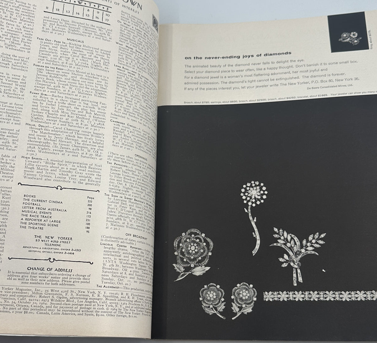 Interior page of The New Yorker Magazine October 10, 1964 Tokyo Olympics Torch Runner Anatol Kovarsky Cover featuring a diamond jewelry advertisement and visible table of contents.