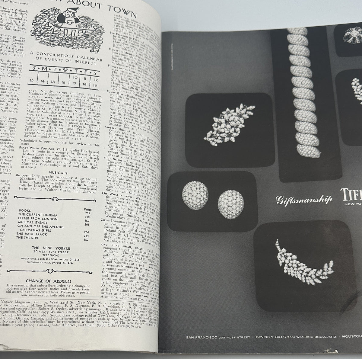 The New Yorker Magazine December 12, 1964 Beach Christmas Cards Charles D. Saxon Cover, interior pages showing the About Town contents page beside a vintage jewelry advertisement.