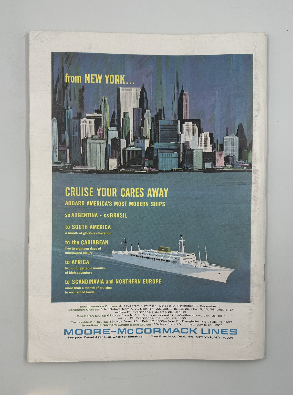 The New Yorker Magazine September 12, 1964 American Ship Telescope Joseph Low Cover, showing a vintage Moore-McCormack Lines cruise advertisement with New York City skyline and passenger ship.