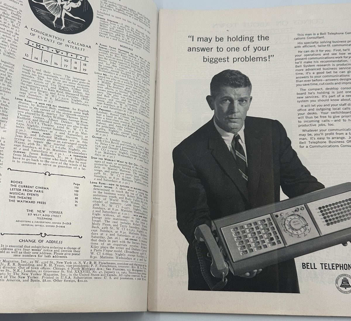 The New Yorker Magazine January 12, 1963 Subway Tracks Train Arthur Getz Cover, opened to an interior page showing a Bell Telephone advertisement with a man holding a telephone switching device.