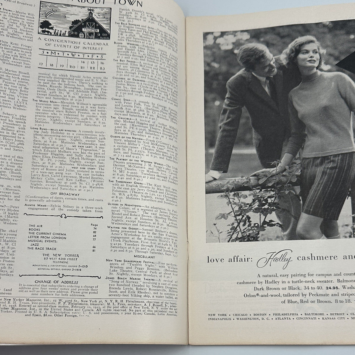 The New Yorker Magazine August 16, 1958 Beach Cabana Edna Eicke Cover interior spread featuring a black-and-white cashmere fashion advertisement with a man and woman outdoors.