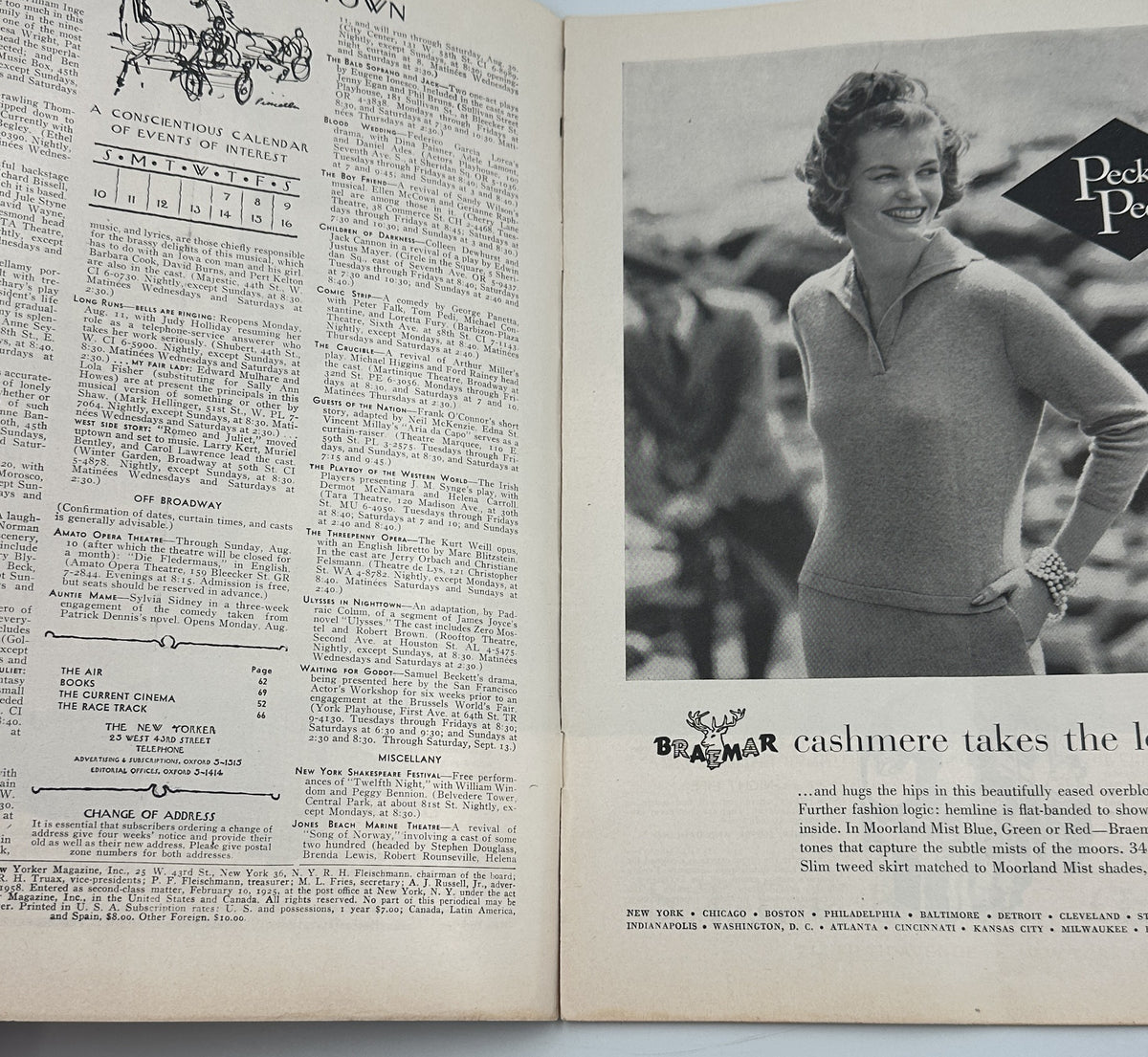 The New Yorker Magazine August 9, 1958 Vintage Auto Racing Perry Barlow Cover interior spread showing magazine text, contents, and a vintage cashmere fashion advertisement