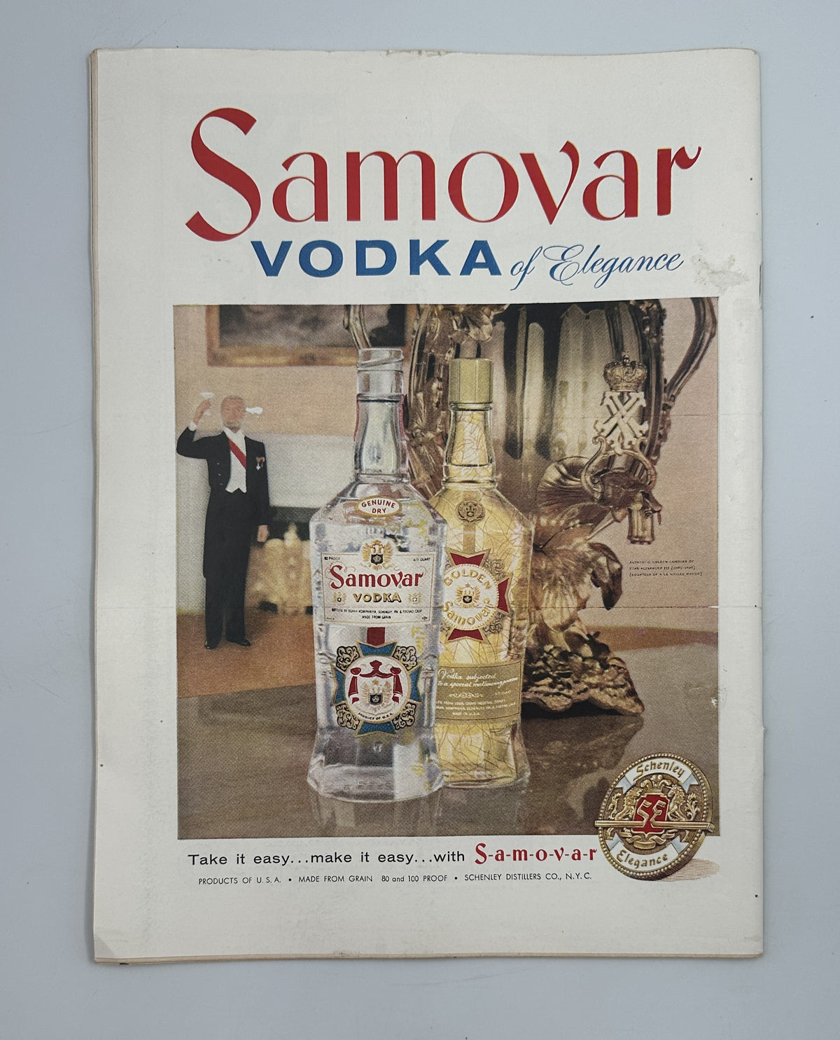 The New Yorker Magazine August 9, 1958 Vintage Auto Racing Perry Barlow Cover vintage Samovar Vodka advertisement featuring vodka bottles and an elegant dining scene