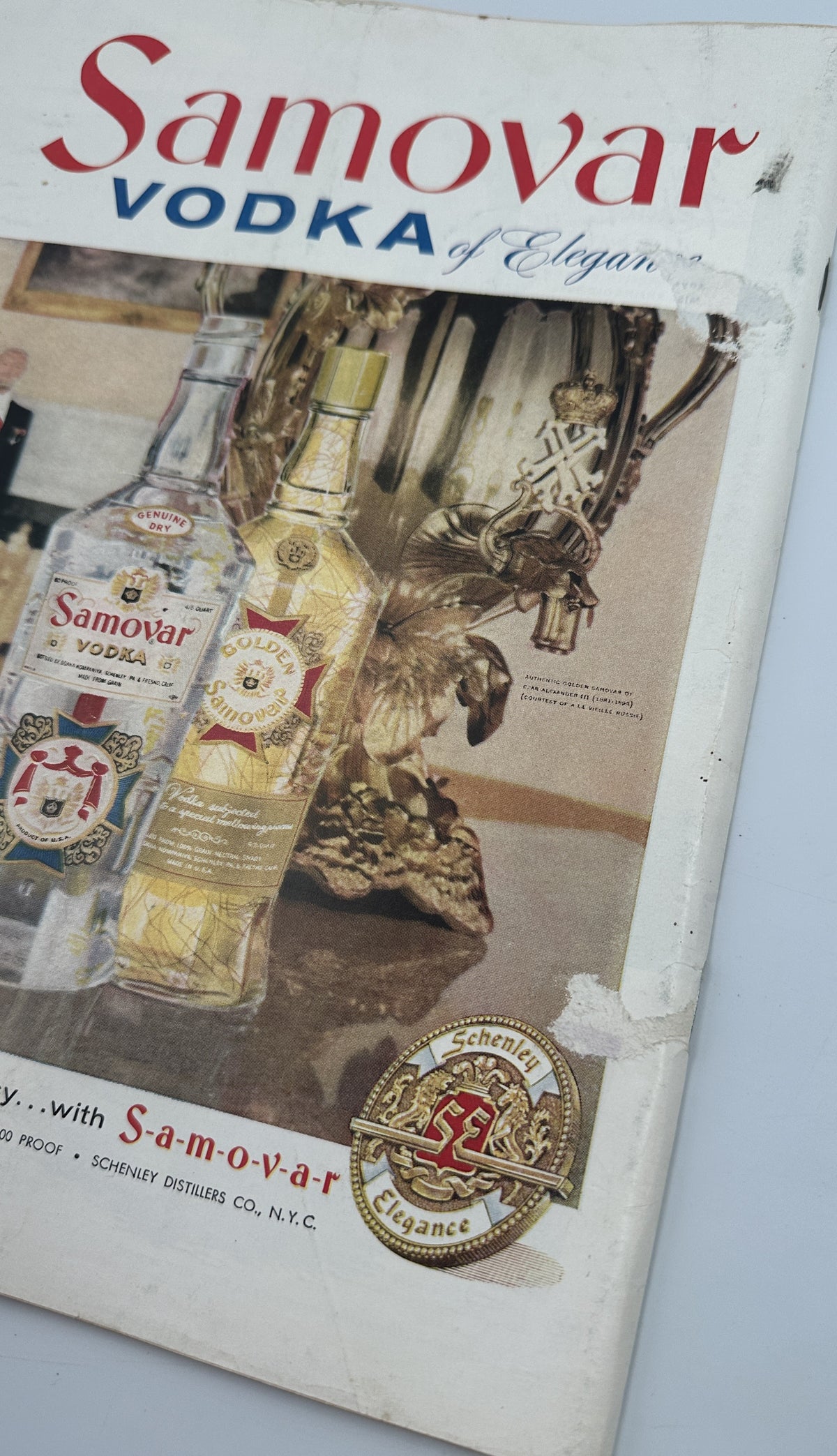 The New Yorker Magazine June 14, 1958 Sci-Fi Space Charles Addams Cover interior page showing a close-up vintage Samovar Vodka advertisement with bottles and ornate branding.