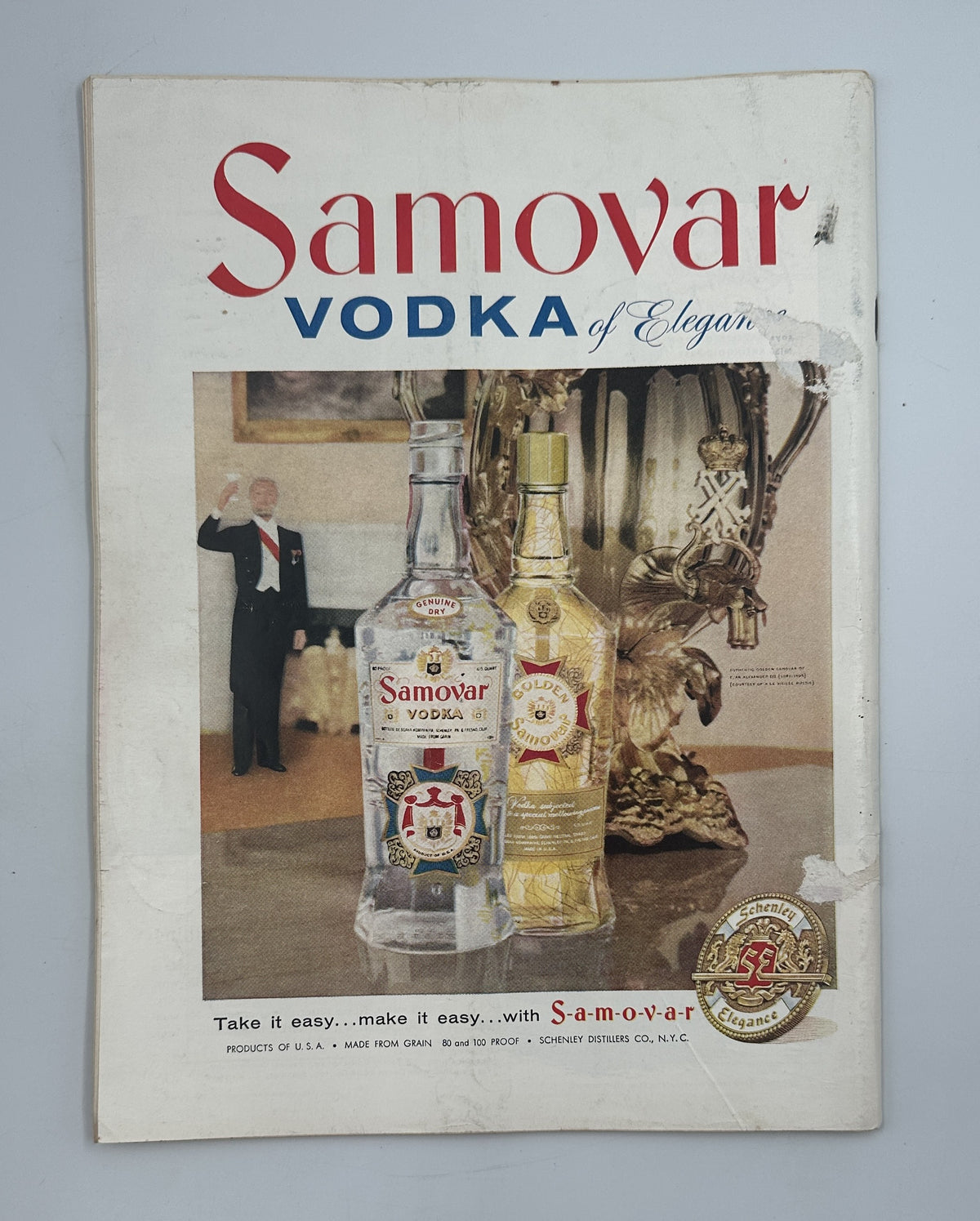 The New Yorker Magazine June 14, 1958 Sci-Fi Space Charles Addams Cover featuring a full-page vintage Samovar Vodka advertisement with two bottles, a seated man, and aged paper wear.