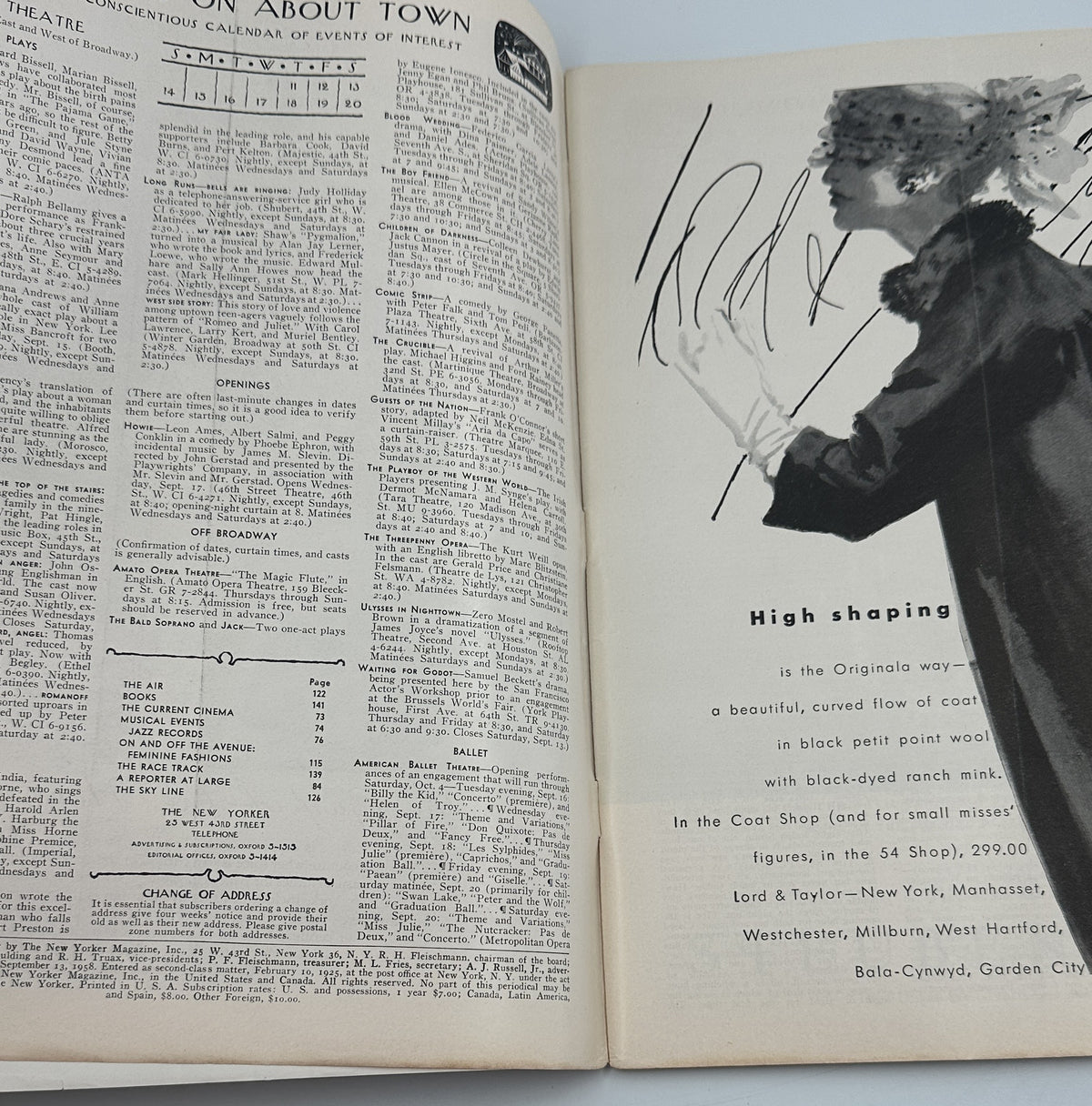 The New Yorker Magazine September 13, 1958 Piano William Steig Cover interior pages showing the table of contents and a vintage piano advertisement