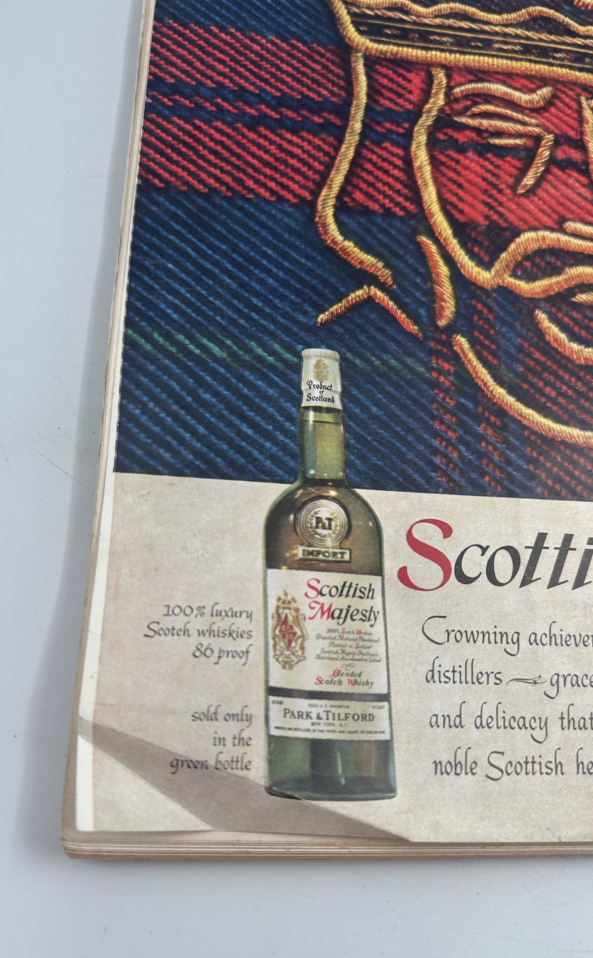 The New Yorker Magazine November 29, 1958 Thanksgiving Turkey Charles Martin Cover showing an interior Scottish Majesty whisky advertisement with a bottle and tartan design