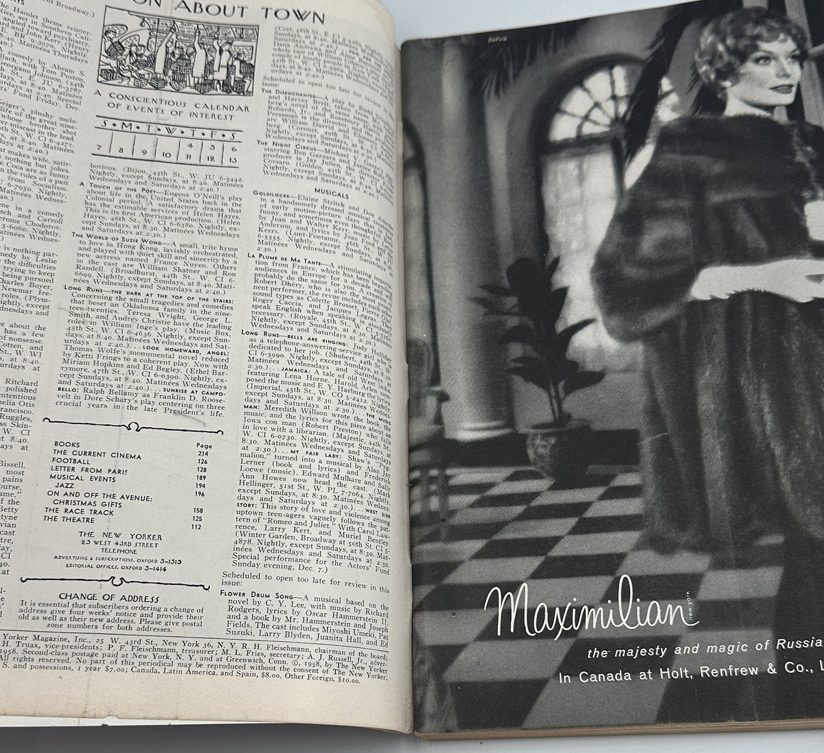 The New Yorker Magazine December 6, 1958 interior page showing a Maximilian's fashion advertisement with a woman in a formal dress and adjacent magazine text