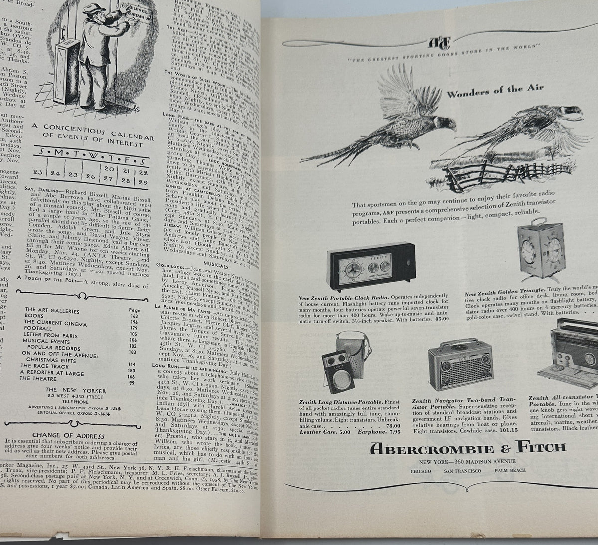 The New Yorker Magazine November 22, 1958 Theater Newsstand Arthur Getz Cover, open interior pages showing magazine contents and a vintage Wonders of the Air advertisement.