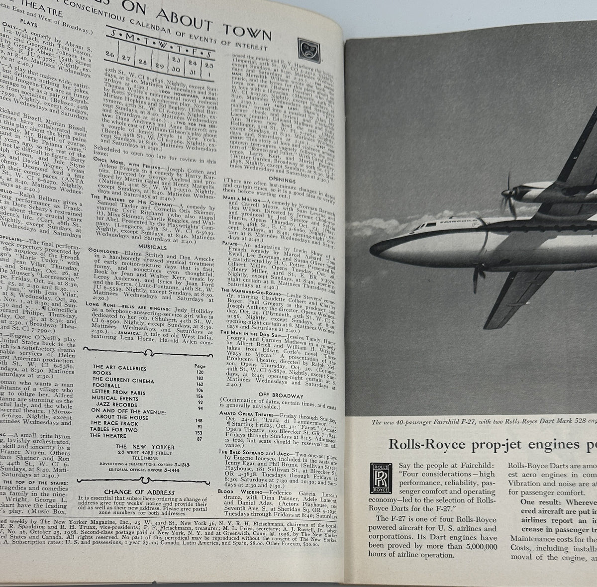 The New Yorker Magazine October 25, 1958 Football Huddle Abe Birnbaum Cover shown open to an interior spread with magazine contents and a vintage airplane advertisement