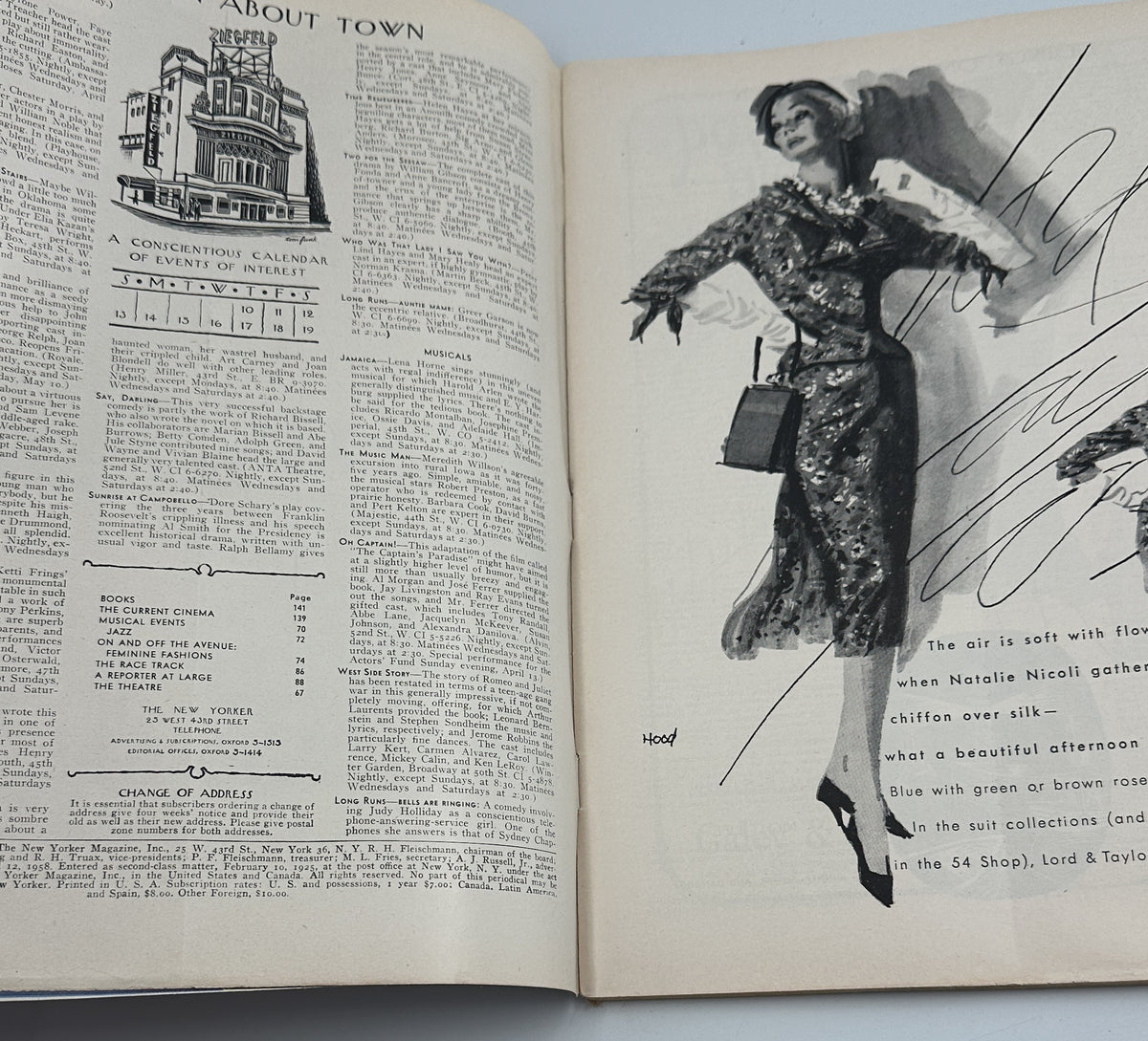 The New Yorker Magazine April 12, 1958 Giant Striped Balloon Abe Birnbaum Cover opened to an interior spread with About Town contents and a vintage fashion illustration.