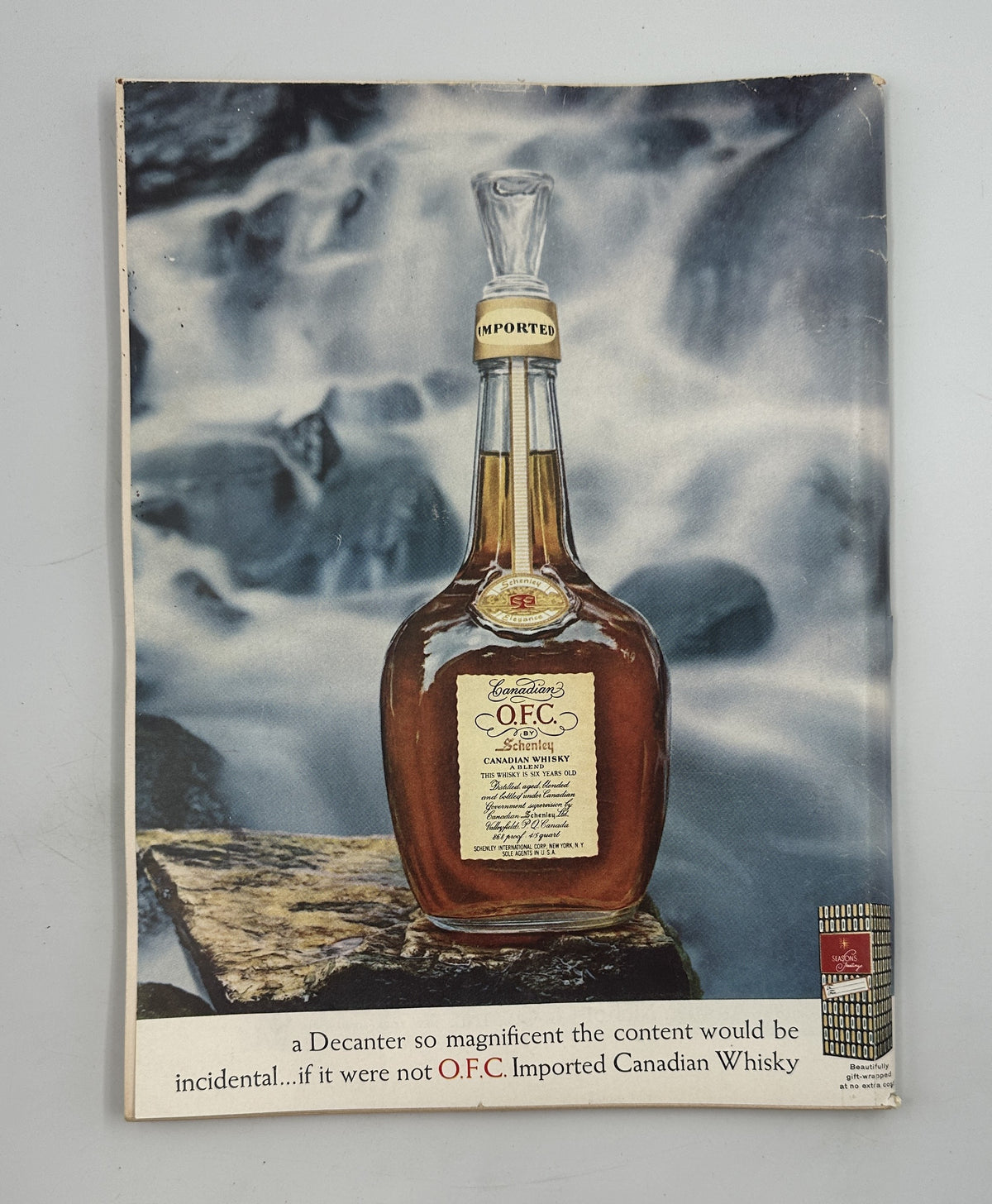 The New Yorker Magazine November 15, 1958 Hunting Car Garrett Price Cover, featuring an O.F.C. Imported Canadian Whisky bottle advertisement against a dramatic mountain landscape.