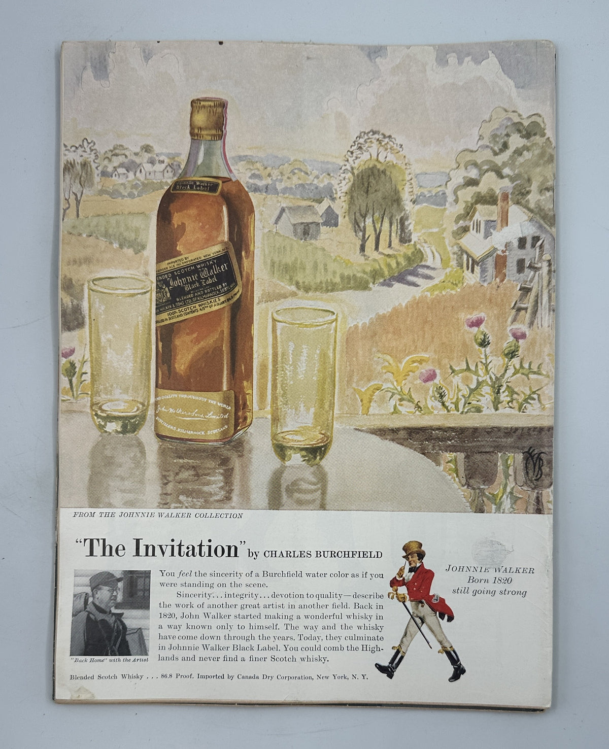 The New Yorker Magazine July 5, 1958 Flagpole Salute Abe Birnbaum Cover showing a vintage liquor advertisement titled The Invitation with a bottle, glasses, countryside scene, and illustrated figure.