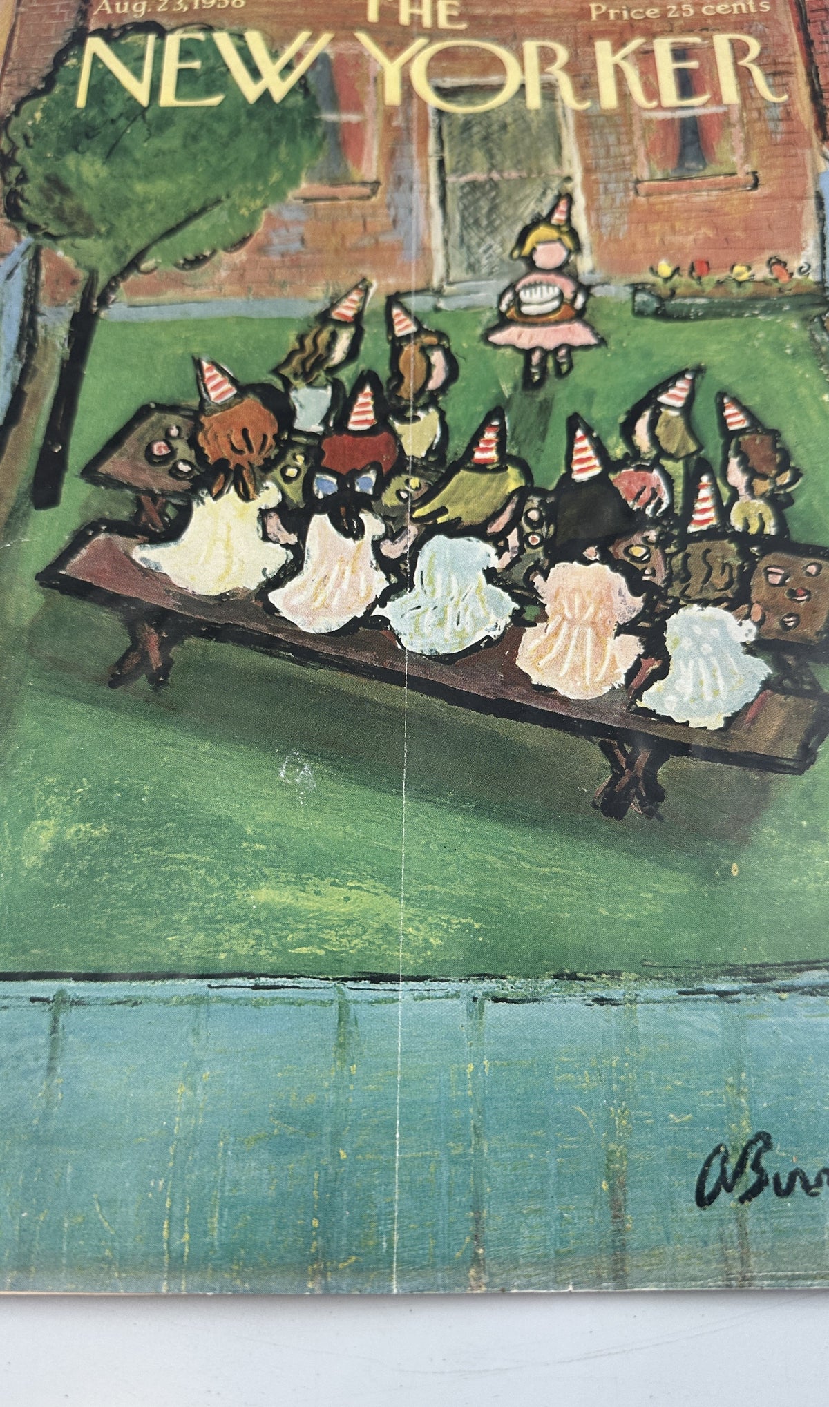 Close-up of The New Yorker Magazine August 23, 1958 Birthday Party Abe Birnbaum Cover, showing the illustrated birthday party scene and visible cover wear.