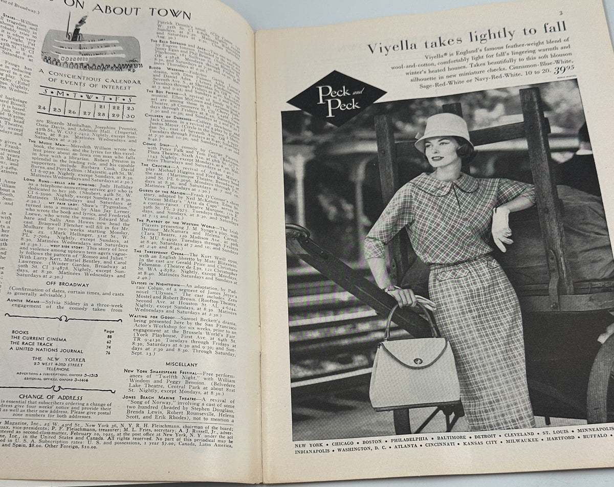 The New Yorker Magazine August 23, 1958 Birthday Party Abe Birnbaum Cover interior page spread featuring a vintage Peck & Peck fashion advertisement and magazine contents page
