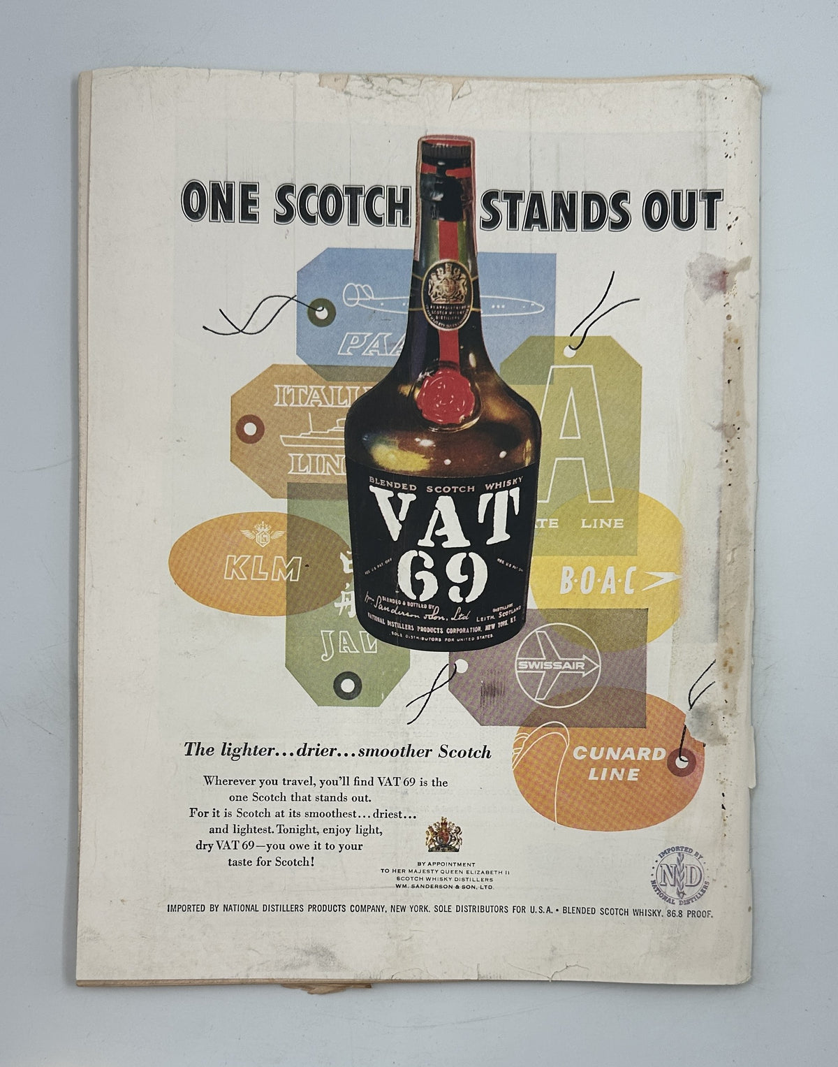 The New Yorker Magazine February 15, 1958 Valentine Procession Anatol Kovarsky Cover, full view of worn back cover featuring a vintage Val 69 Scotch advertisement and visible age-related wear.