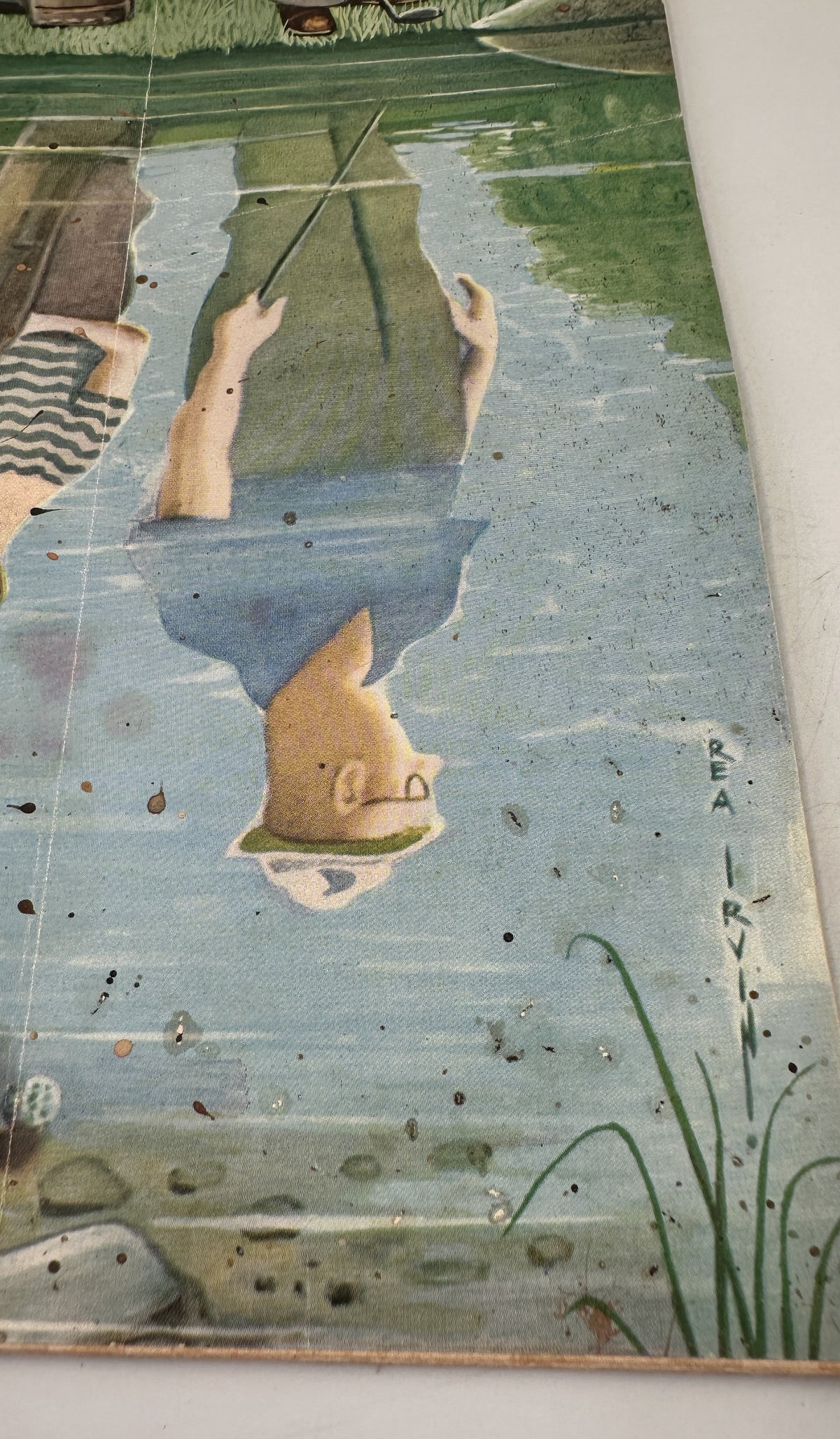 The New Yorker Magazine July 12, 1958 Pond Fishing Reflection Rea Irvin Cover, close-up of the lower right cover artwork showing the reflected fisherman, pond water, and edge wear