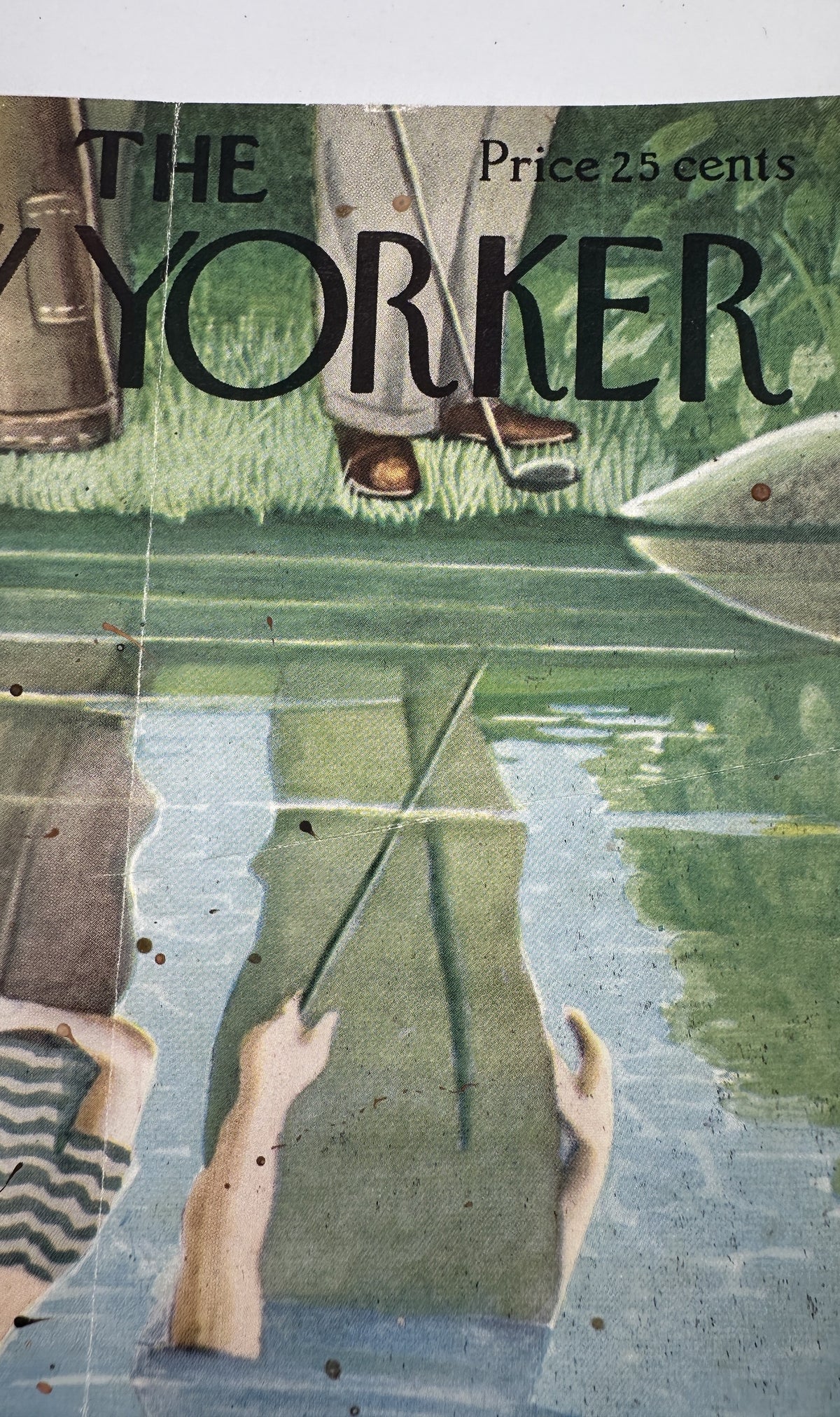 The New Yorker Magazine July 12, 1958 Pond Fishing Reflection Rea Irvin Cover, showing a person fishing in a reflective pond scene.