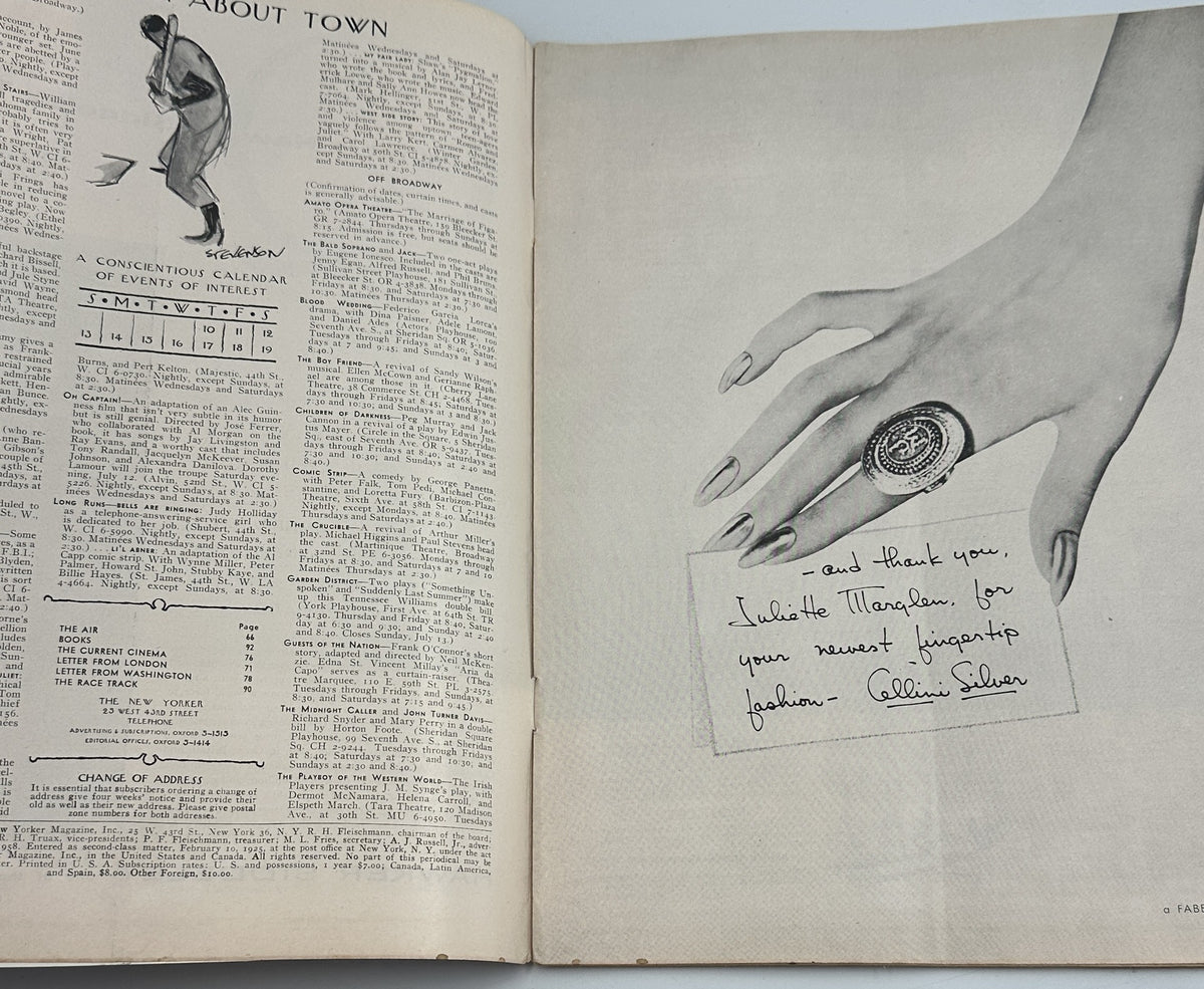 The New Yorker Magazine July 12, 1958 Pond Fishing Reflection Rea Irvin Cover interior pages, featuring the About Town section, editorial text, and a hand illustration with a ring.