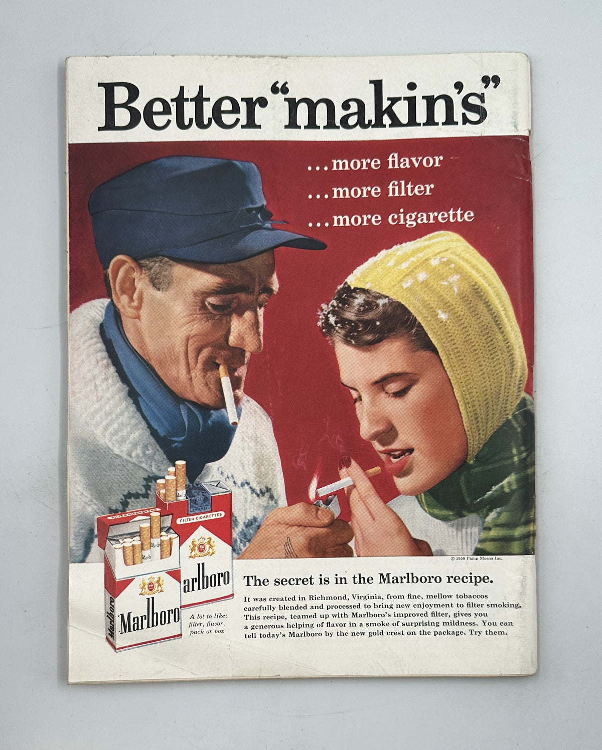 The New Yorker Magazine December 13, 1958 Christmas Greeting Card Anatol Kovarsky interior Marlboro cigarette advertisement featuring a couple in winter clothing