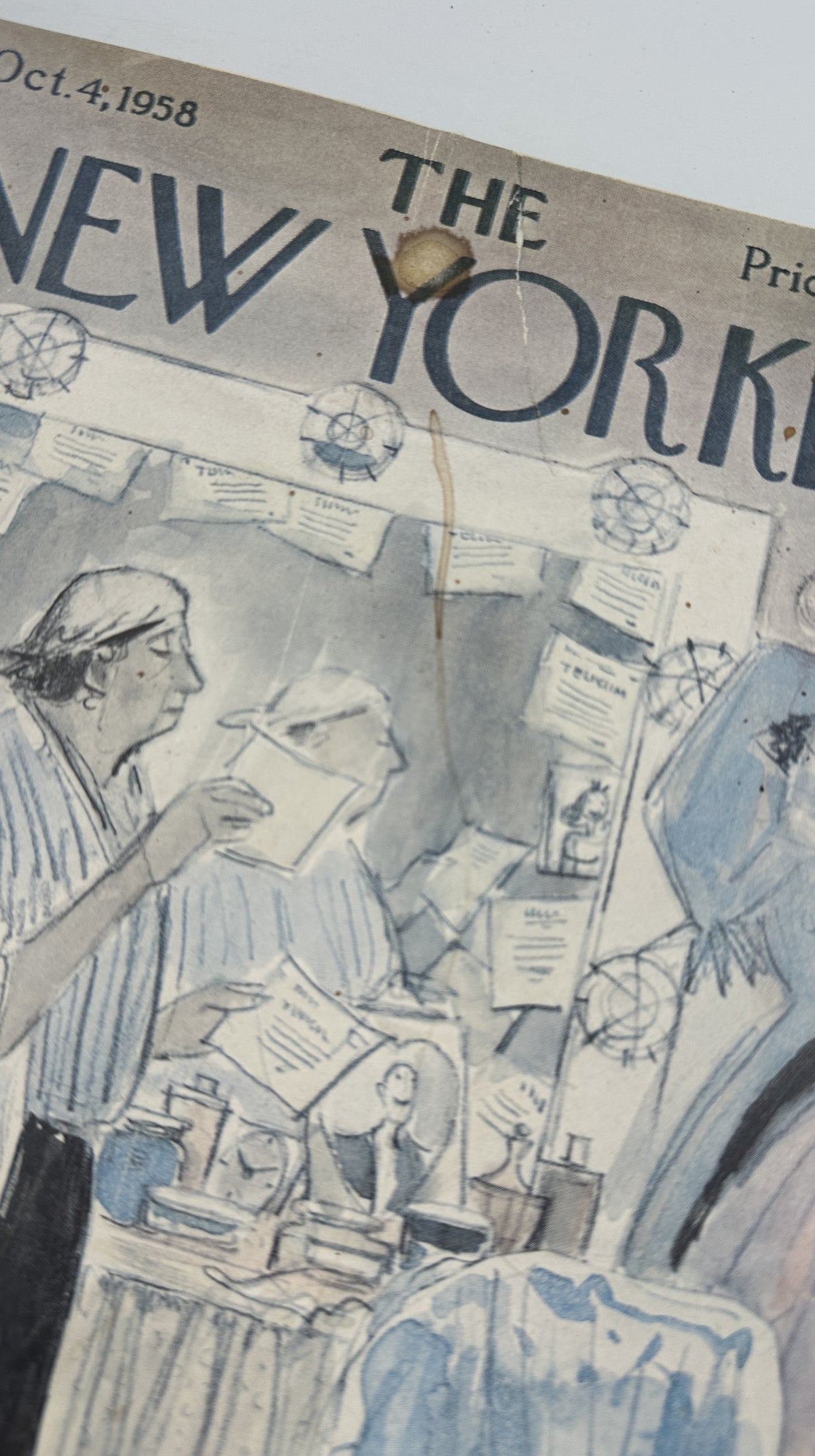 The New Yorker Magazine October 4, 1958 Backstage Dressing Room Perry Barlow Cover, close-up view of the illustrated cover artwork and New Yorker masthead.