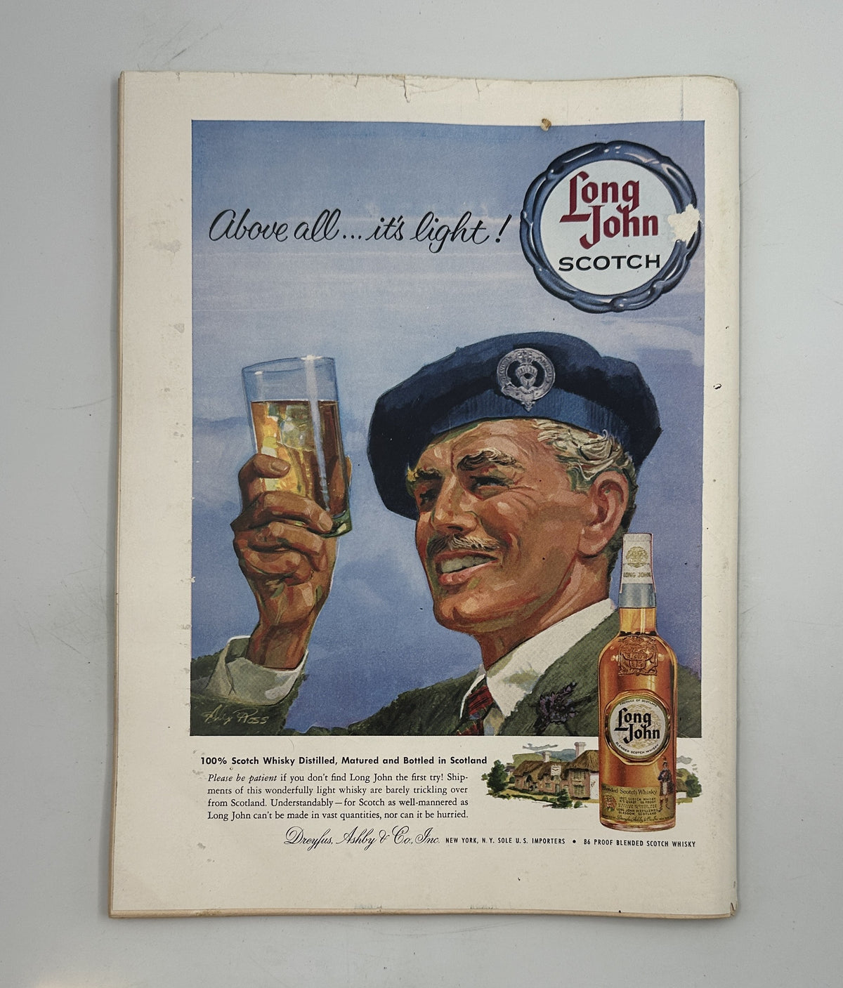 The New Yorker Magazine October 4, 1958 Backstage Dressing Room Perry Barlow Cover, interior vintage Long John Scotch advertisement featuring a uniformed man holding a glass and whisky bottle.