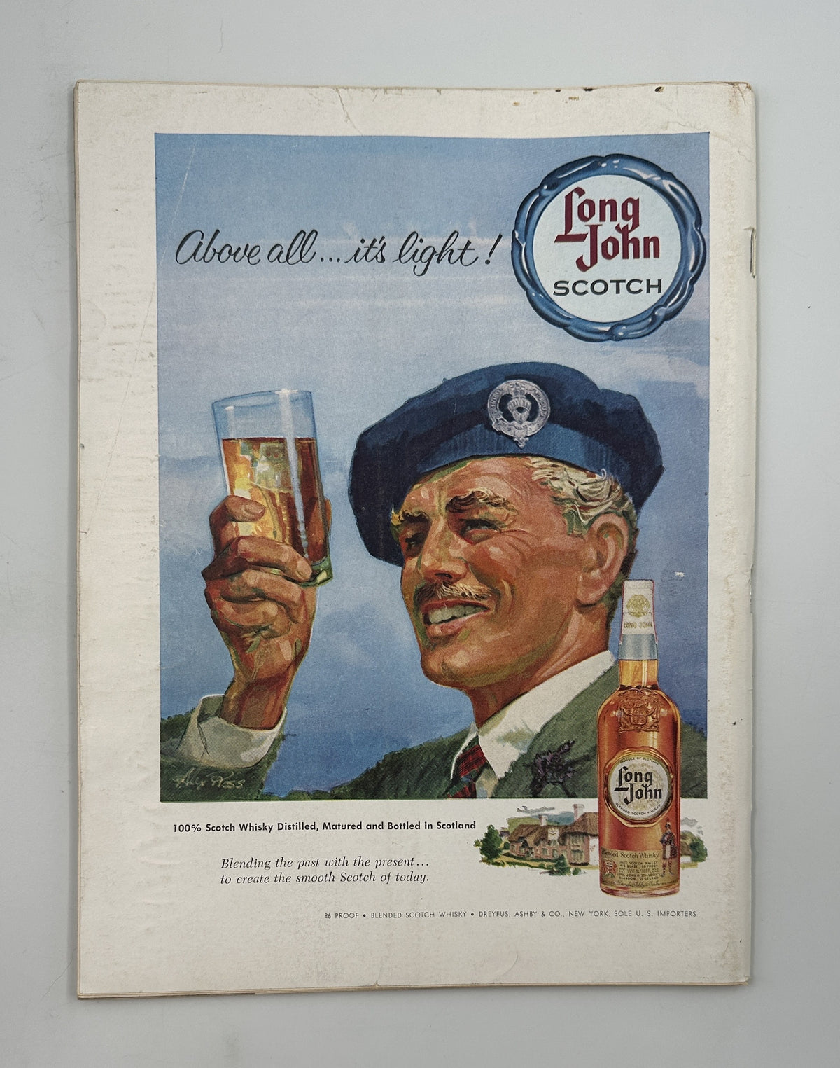 The New Yorker Magazine October 3, 1959 Brooklyn Bridge Night Ludwig Bemelmans Cover interior page featuring a vintage Long John Scotch advertisement with a smiling man raising a glass.