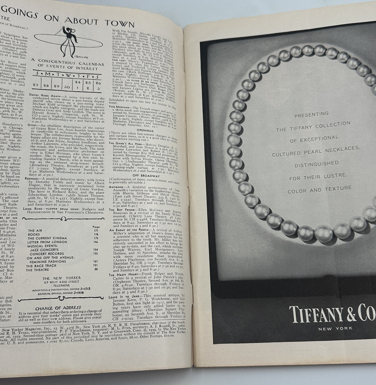 The New Yorker Magazine September 26, 1959 College Campus Students Charles Martin Cover, interior pages featuring Goings On About Town listings and a Tiffany & Co. New York advertisement.