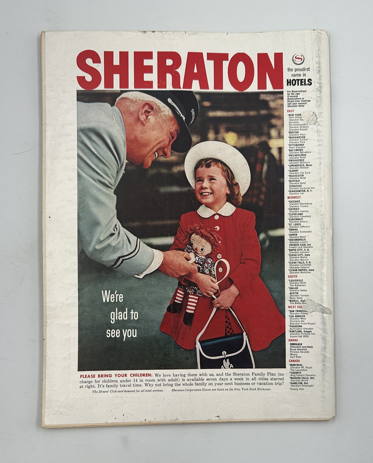The New Yorker Magazine May 16, 1959 Horse Racing Track Ilonka Karasz Cover back cover featuring a vintage Sheraton Hotels advertisement with a child and hotel staff member.