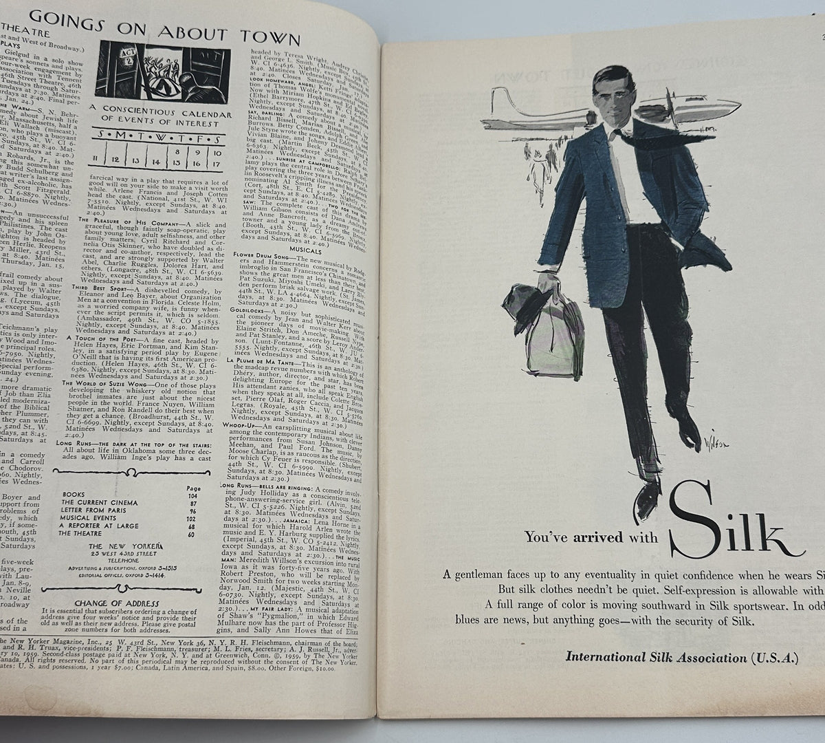 The New Yorker Magazine January 10, 1959 Horse Trailer Garrett Price Cover opened to a contents page and vintage Silk clothing advertisement with an illustrated man.