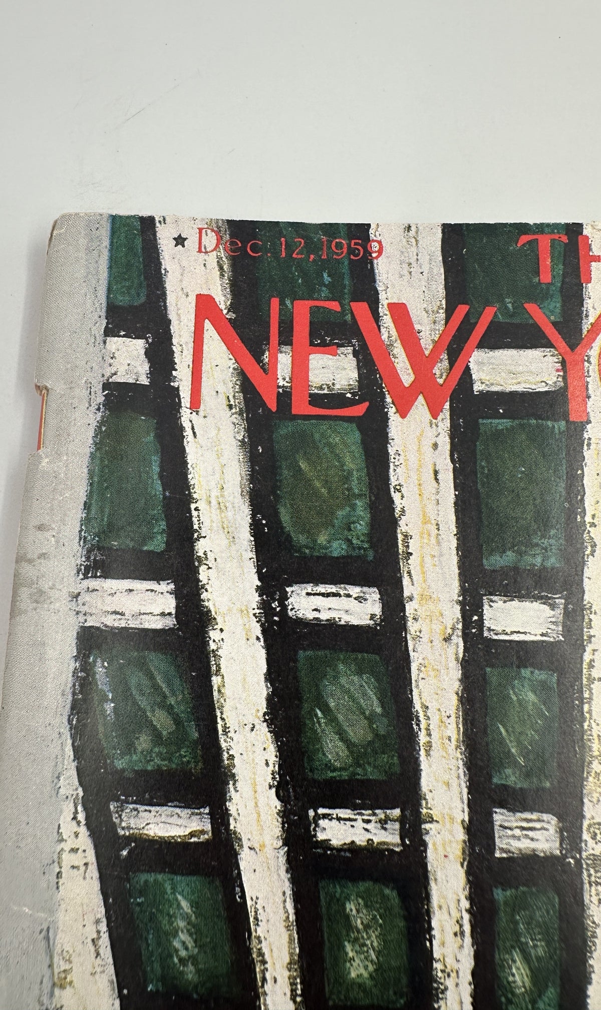 The New Yorker Magazine December 12, 1959 Skyscraper Pedestrians Abe Birnbaum Cover, close-up detail showing the dated cover artwork, typography, and visible age-related wear.