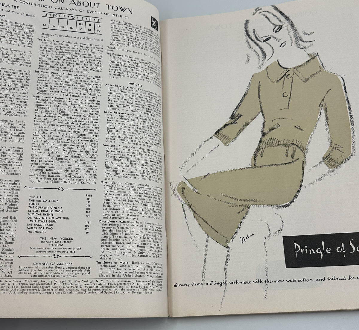 The New Yorker Magazine December 12, 1959 Skyscraper Pedestrians Abe Birnbaum Cover interior page featuring magazine contents and a vintage illustrated fashion advertisement