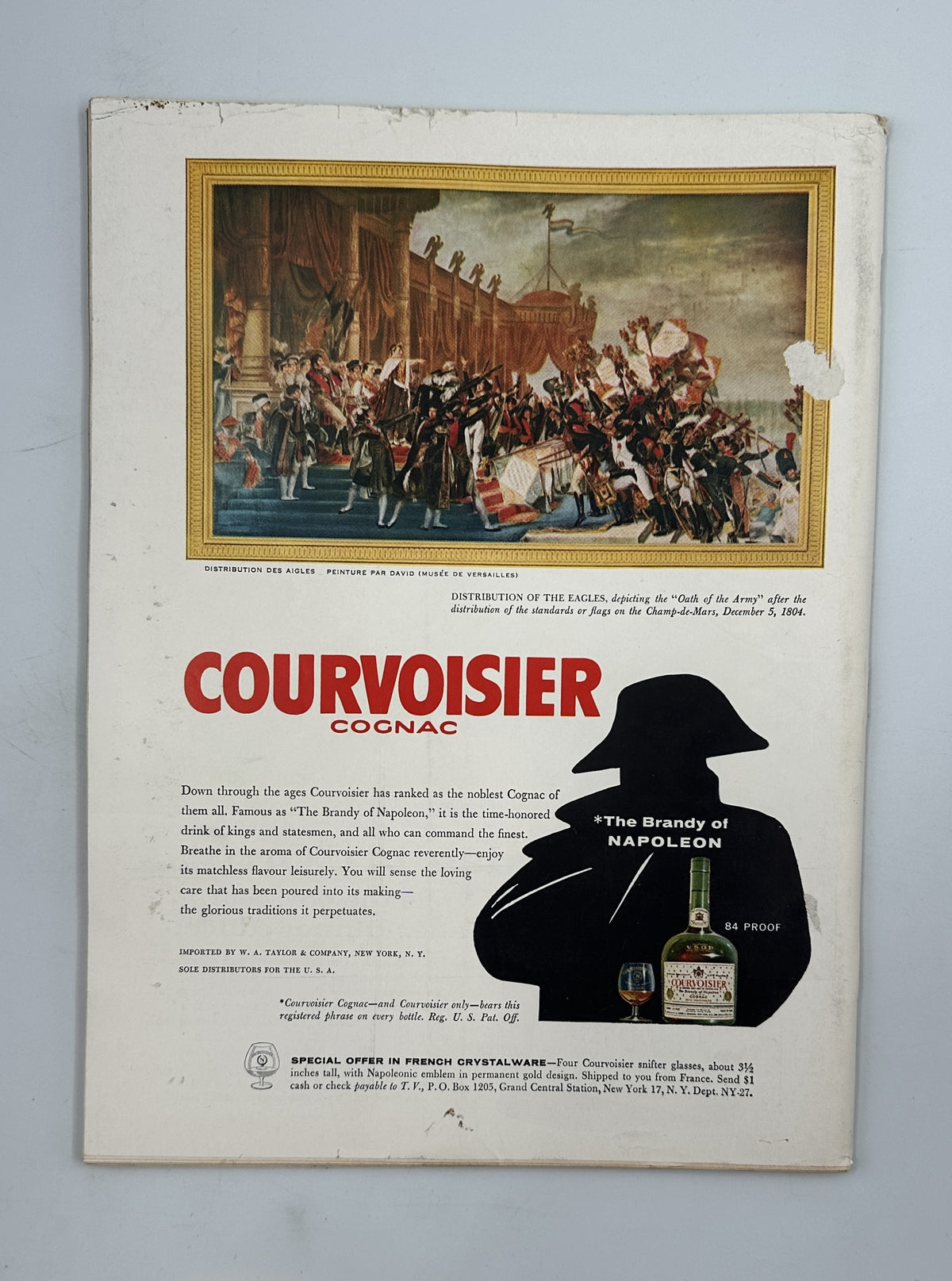 The New Yorker Magazine April 4, 1959 Circus Clowns Abe Birnbaum Cover, back cover featuring a vintage Courvoisier Cognac advertisement with a Napoleon silhouette and historical procession painting