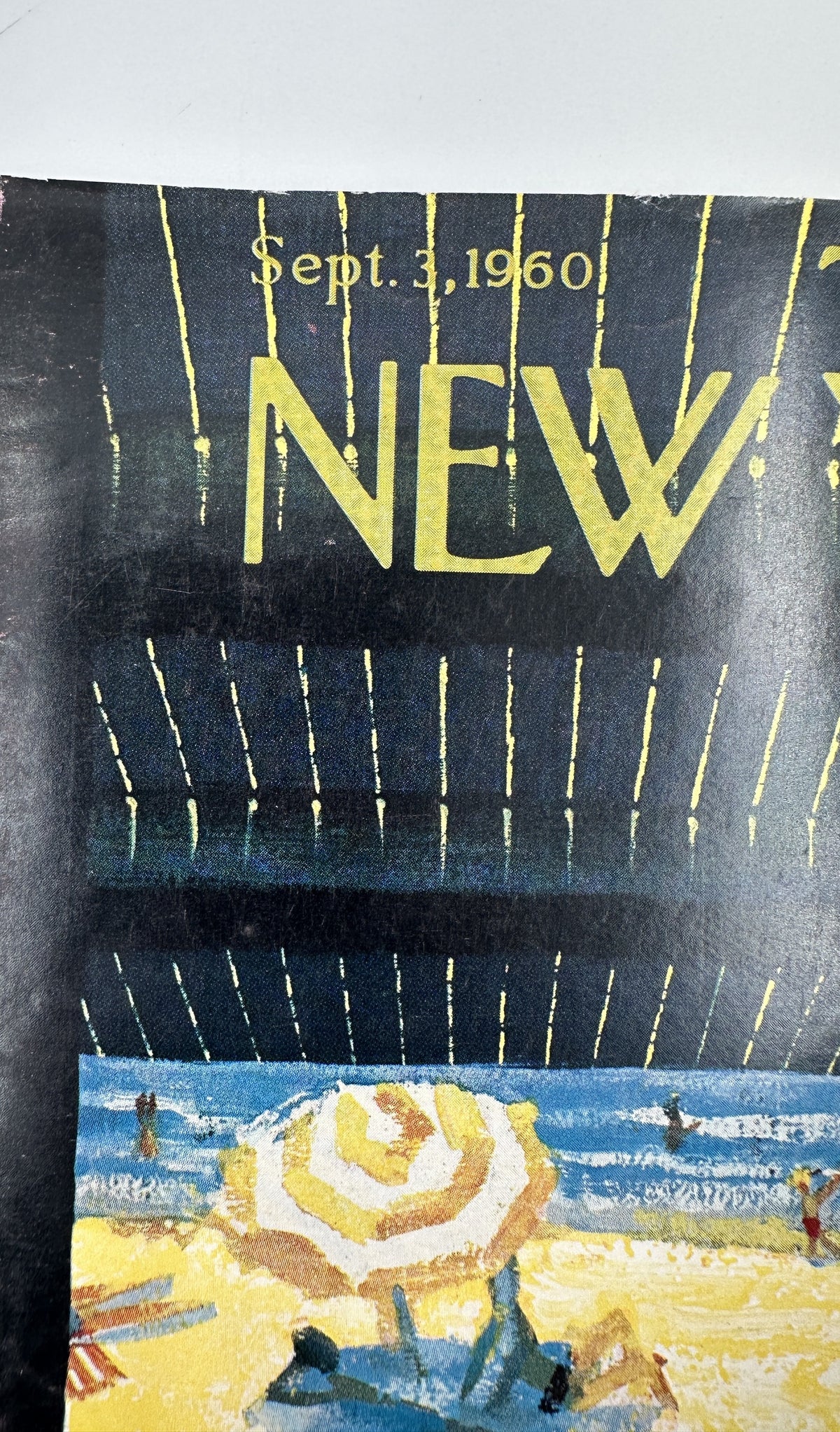 The New Yorker Magazine September 3, 1960 Shaded Boardwalk Beach Donald Higgins cover detail showing the beach illustration, issue date, and New Yorker title