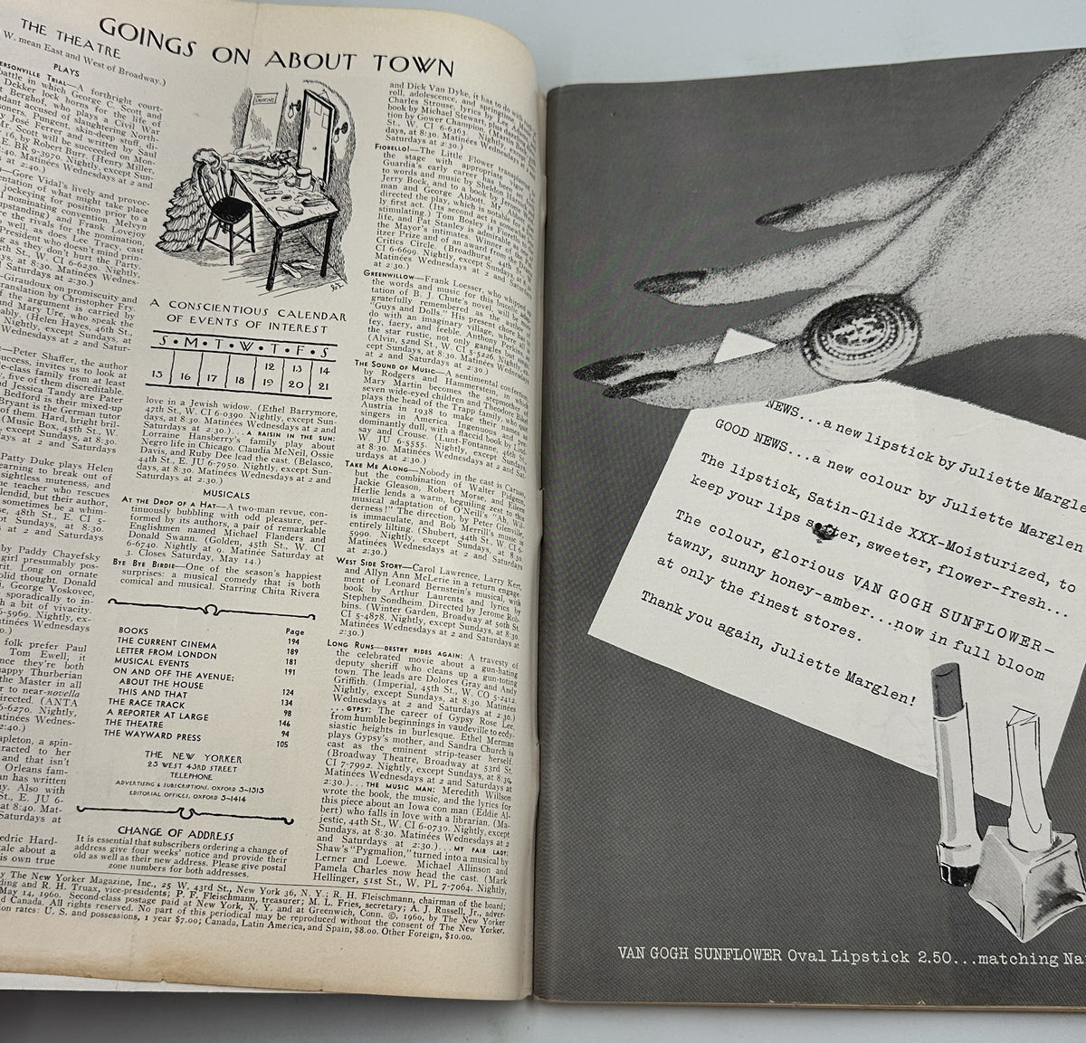 The New Yorker Magazine May 14, 1960 Nighttime City Street Spotlight Charles Martin Cover, interior spread with Going on About Town contents and vintage advertisement