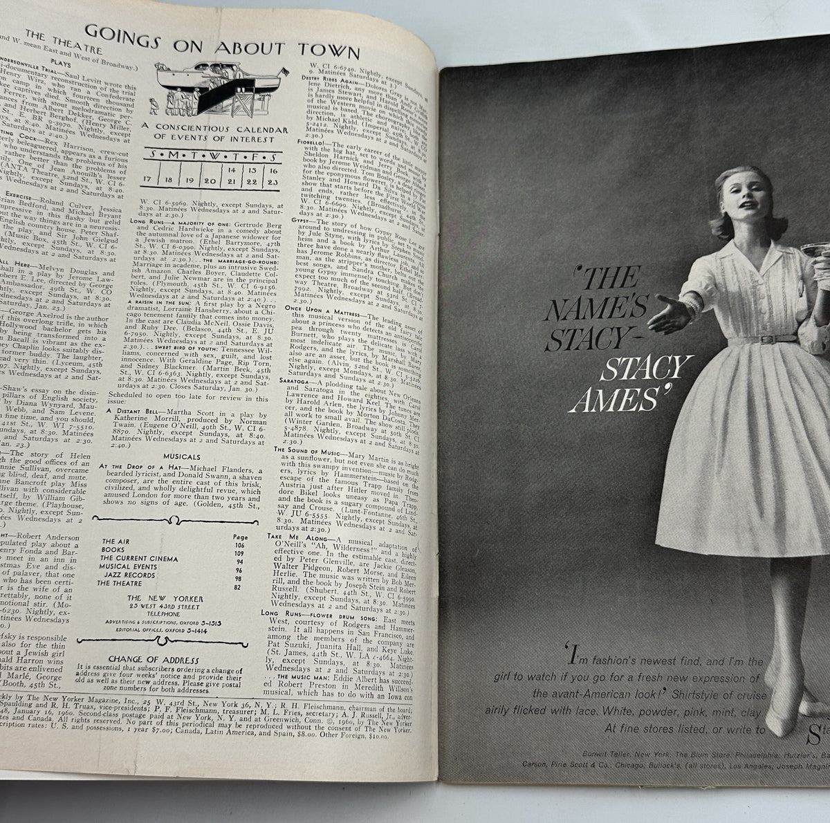 The New Yorker Magazine January 16, 1960 Restaurant City View Arthur Getz Cover interior spread featuring the Going On About Town listings and a vintage advertisement for The Names Stakes Story Ames.