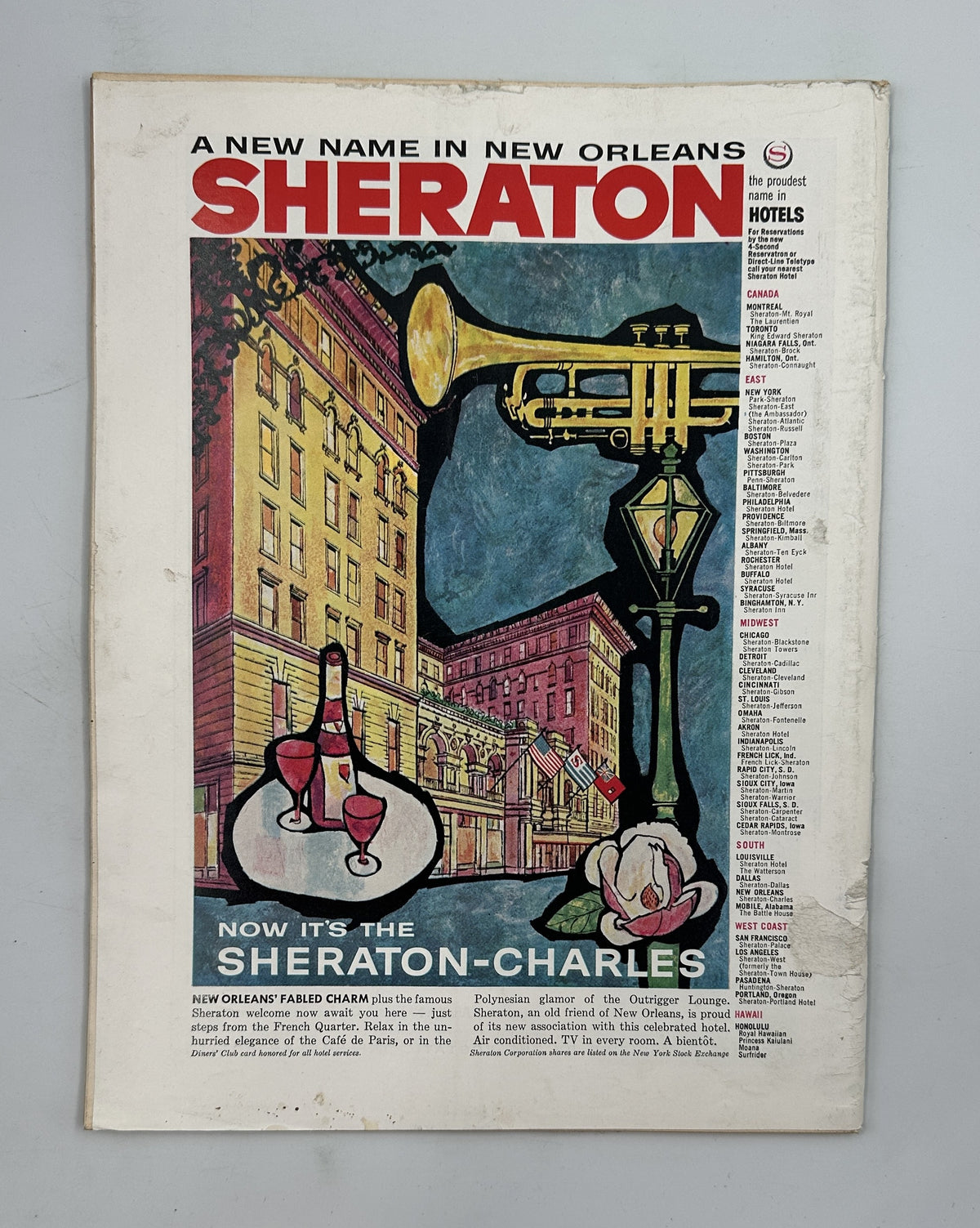 The New Yorker Magazine January 16, 1960 Restaurant City View Arthur Getz Cover full-page vintage Sheraton Hotels New Orleans advertisement with illustrated buildings, trumpet street lamp, cocktail, and Sheraton-Charles branding.