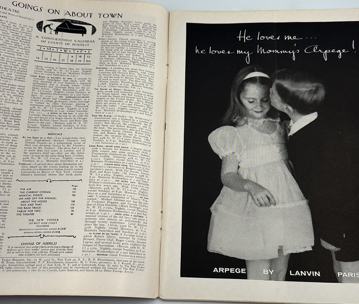 The New Yorker Magazine February 13, 1960 Valentine Window Shoppers Leonard Dove Cover, interior page showing Going On About Town listings beside a vintage Arpege by Lanvin perfume advertisement.