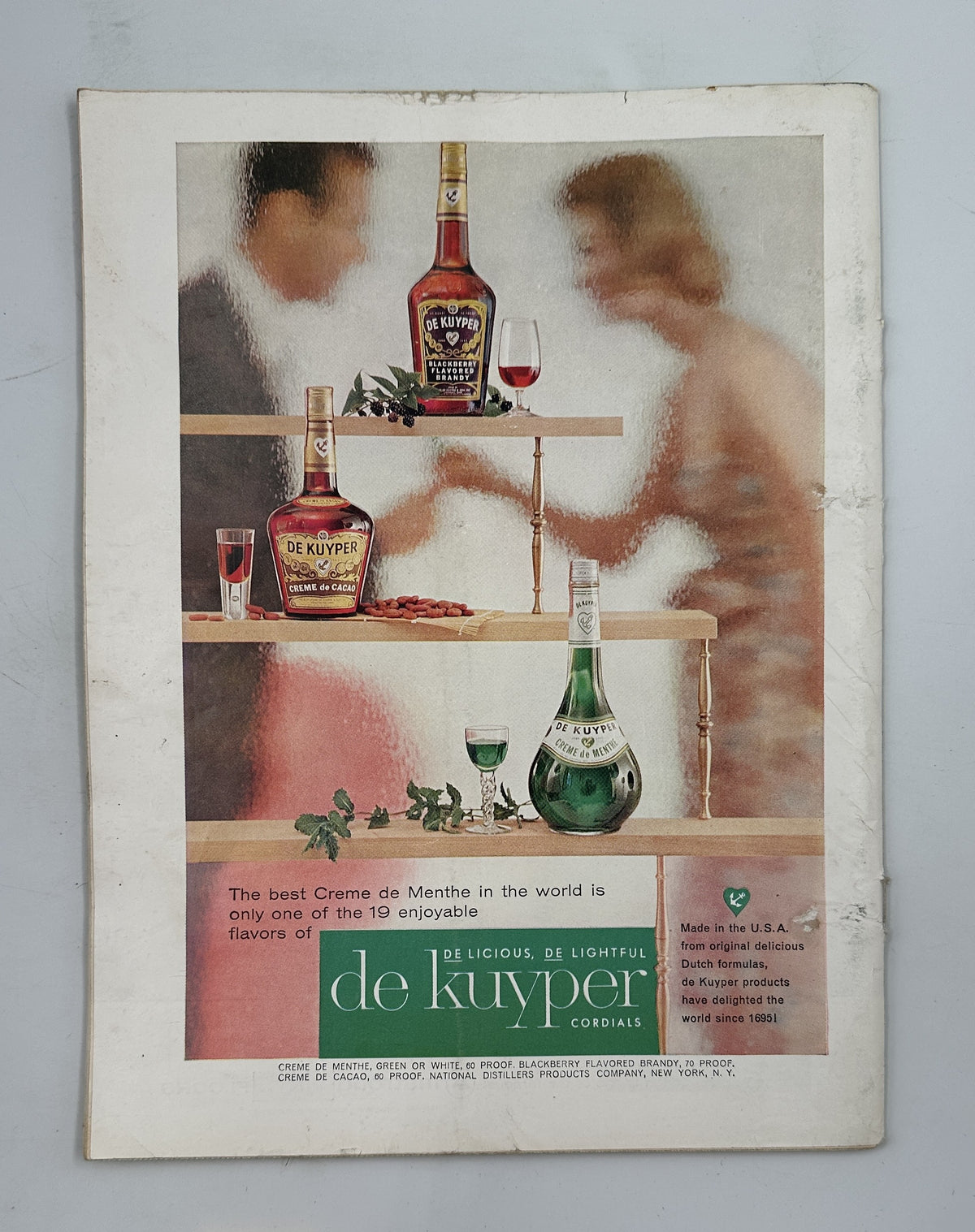 The New Yorker Magazine February 13, 1960 Valentine Window Shoppers Leonard Dove Cover featuring a vintage De Kuyper cordials advertisement with liquor bottles, glasses, and blurred figures in the background