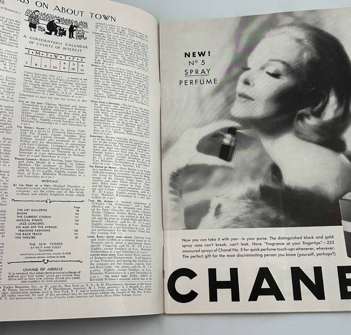 The New Yorker Magazine February 6, 1960 Coat Check Scene Arthur Getz Cover opened to an interior contents page beside a vintage Chanel perfume advertisement