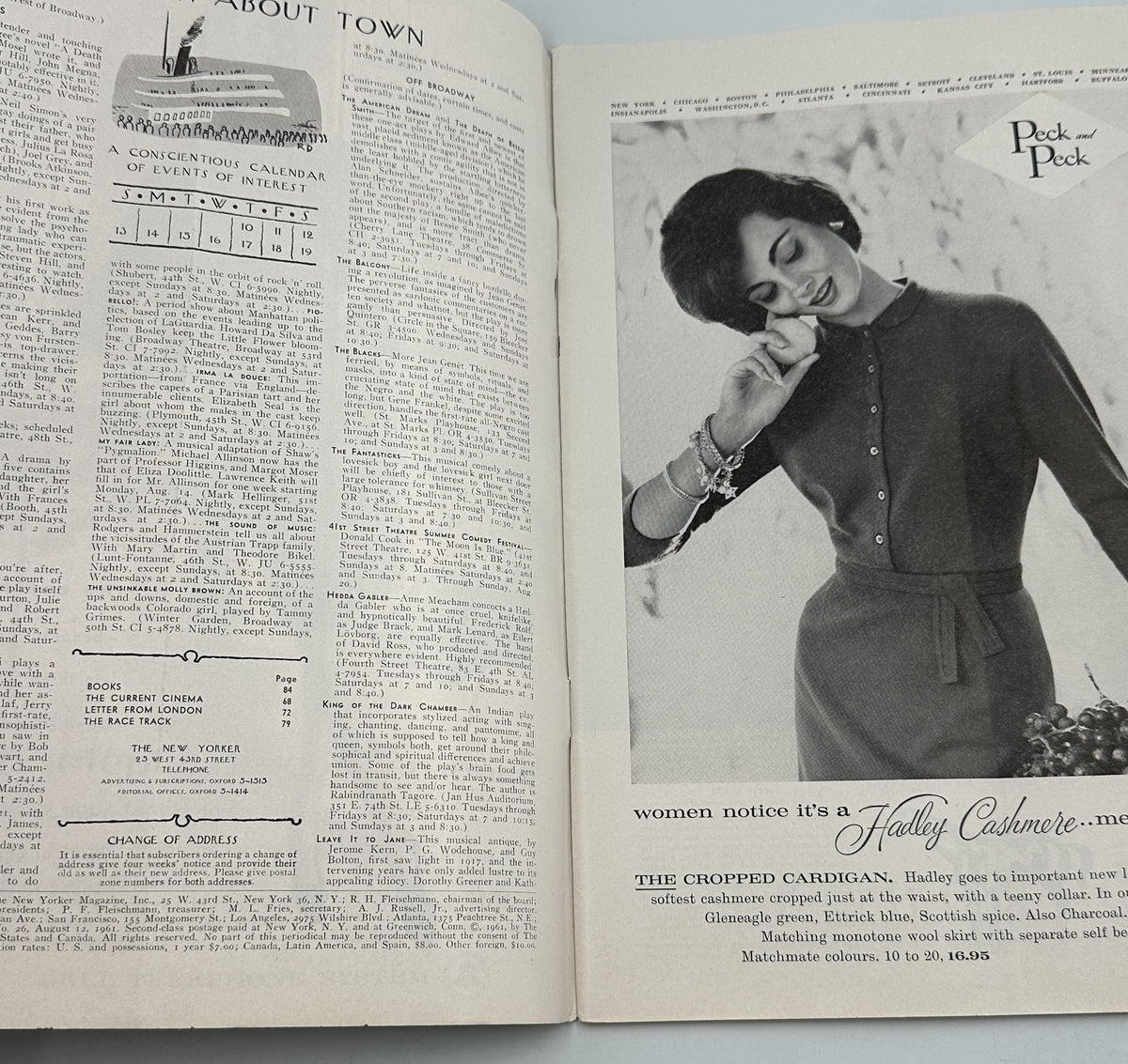The New Yorker Magazine August 12, 1961 Children Reading Comics Edna Eicke open interior spread showing the About Town contents page and a vintage fashion advertisement