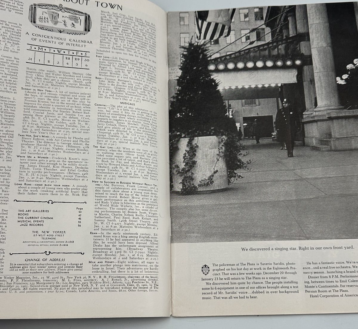 The New Yorker Magazine December 30, 1961 New Year's Eve Clock Balloons Beatrice Szanton, interior pages showing the About Town section and a black-and-white city street photograph