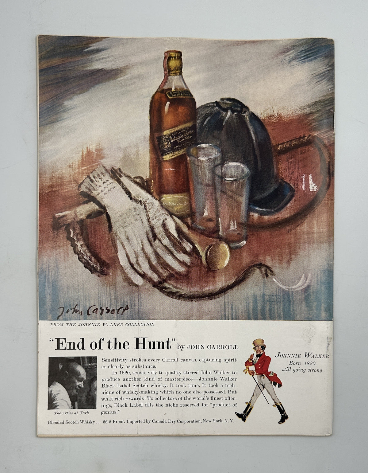 The New Yorker Magazine July 1, 1961 Highway Traffic Abe Birnbaum Cover opened to a vintage illustrated advertisement titled “End of the Hunt,” showing hunting gear, a bottle, and a mounted hunter.