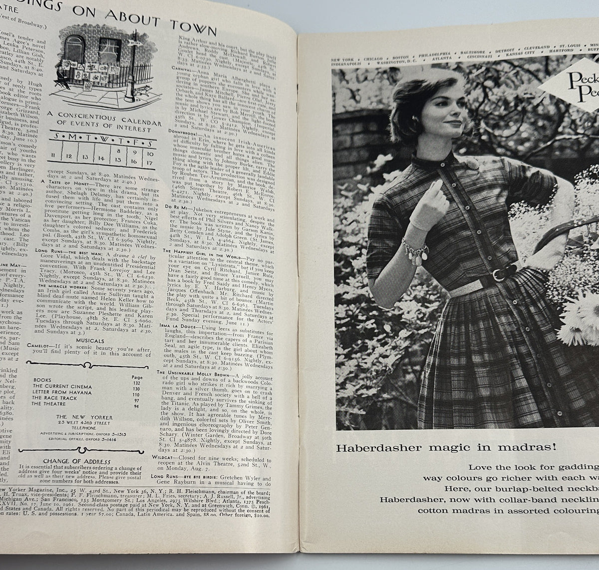 The New Yorker Magazine June 10, 1961 World Landmarks Saul Steinberg Cover interior pages showing magazine contents and a black-and-white fashion feature with a woman wearing a patterned dress.
