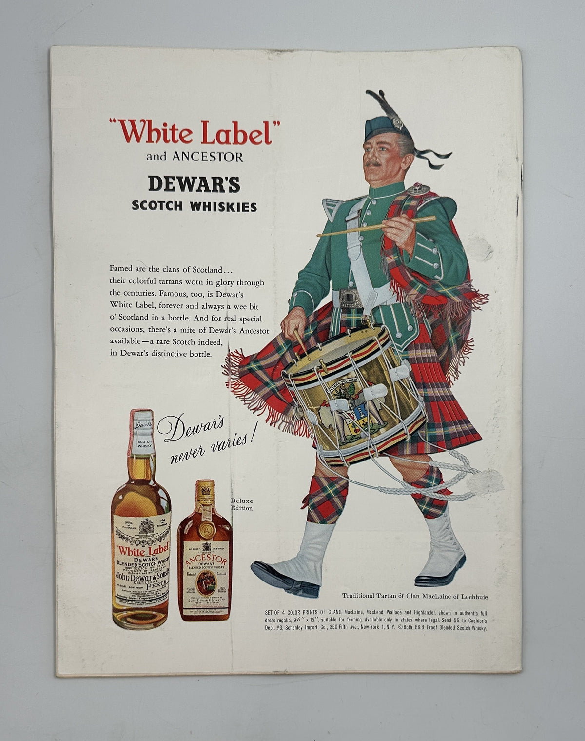 The New Yorker Magazine August 5, 1961 vintage Dewar's White Label Scotch Whisky advertisement featuring a Scottish bagpiper and illustrated whisky bottles.