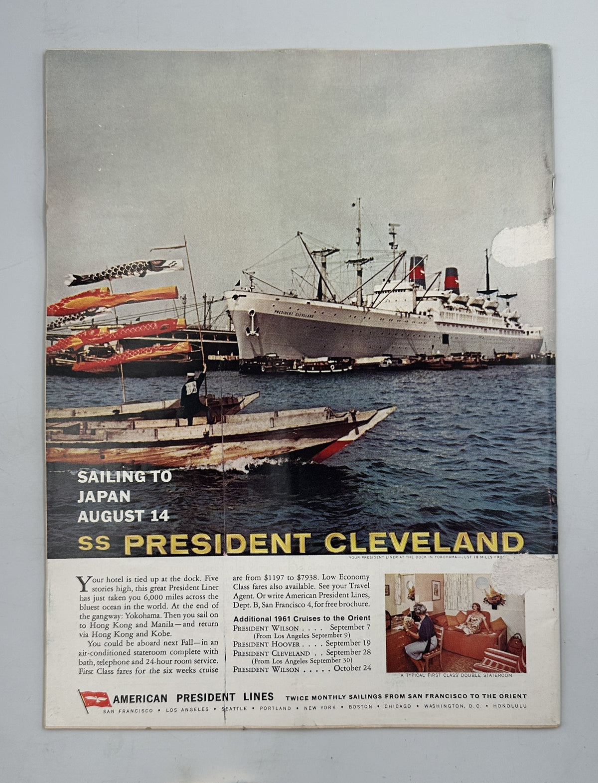 The New Yorker Magazine July 29, 1961 Summer Beach Abe Birnbaum Cover, featuring an American President Lines advertisement with the SS President Cleveland sailing to Japan on August 14.