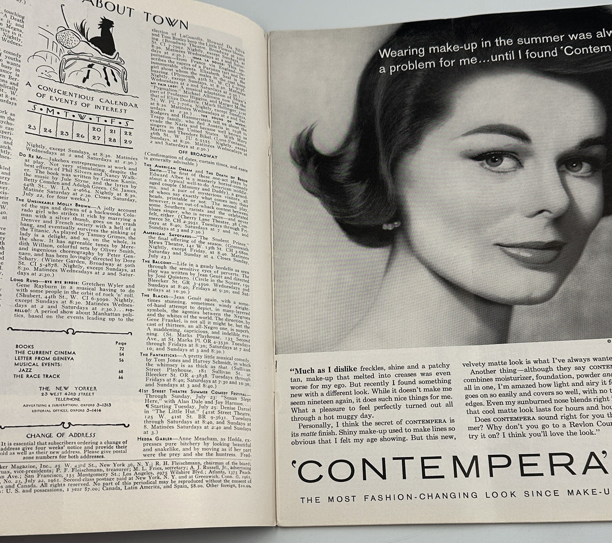 The New Yorker Magazine July 22, 1961 NYC Observation Deck Tourists Anatol Kovarsky interior pages showing About Town listings and a Contempora fashion advertisement