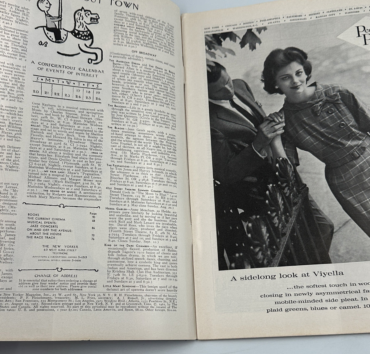 The New Yorker Magazine August 19, 1961 UN Tugboat Garrett Price Cover opened to an interior contents page and a vintage fashion advertisement