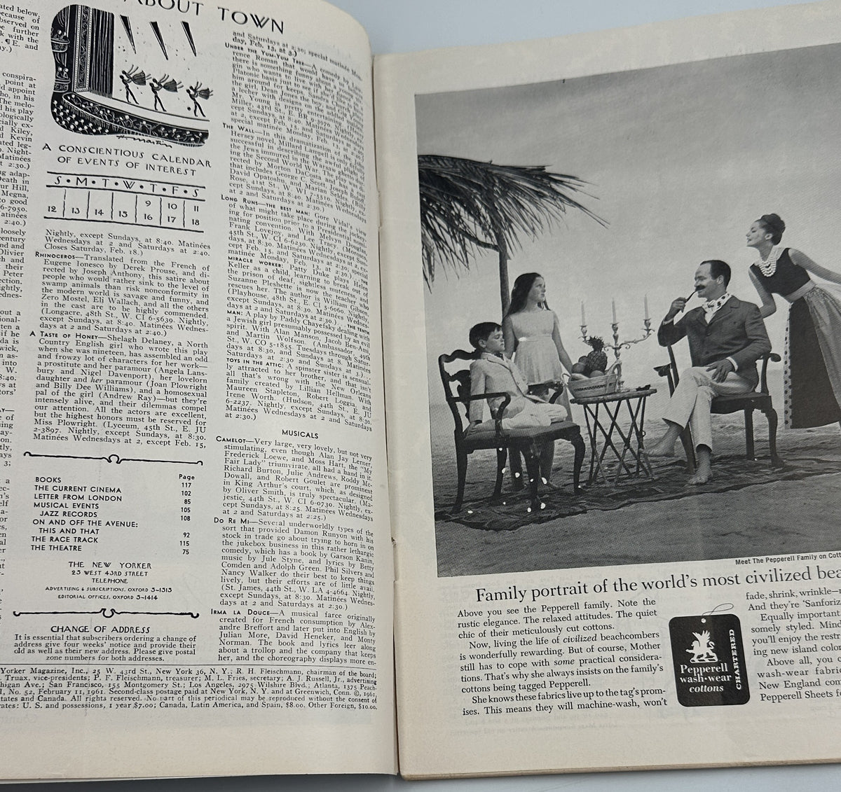 The New Yorker Magazine February 11, 1961 Computer Valentine Charles Addams Cover, open interior pages showing the table of contents and a black-and-white family portrait advertisement.